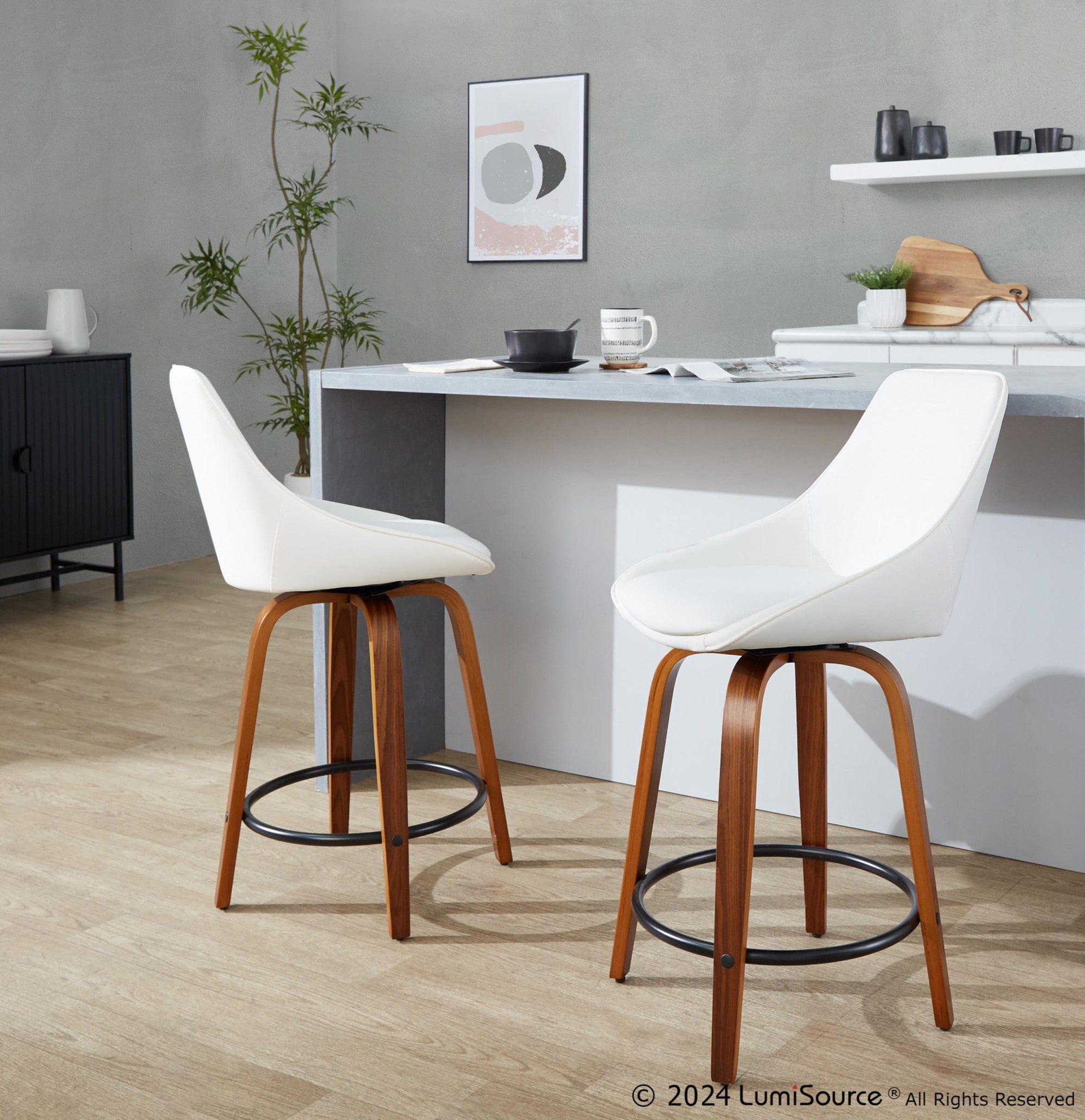 Diana 24" Fixed-Height Counter Stool - Set of 2 - Walnut Wood, White PU, Black Metal