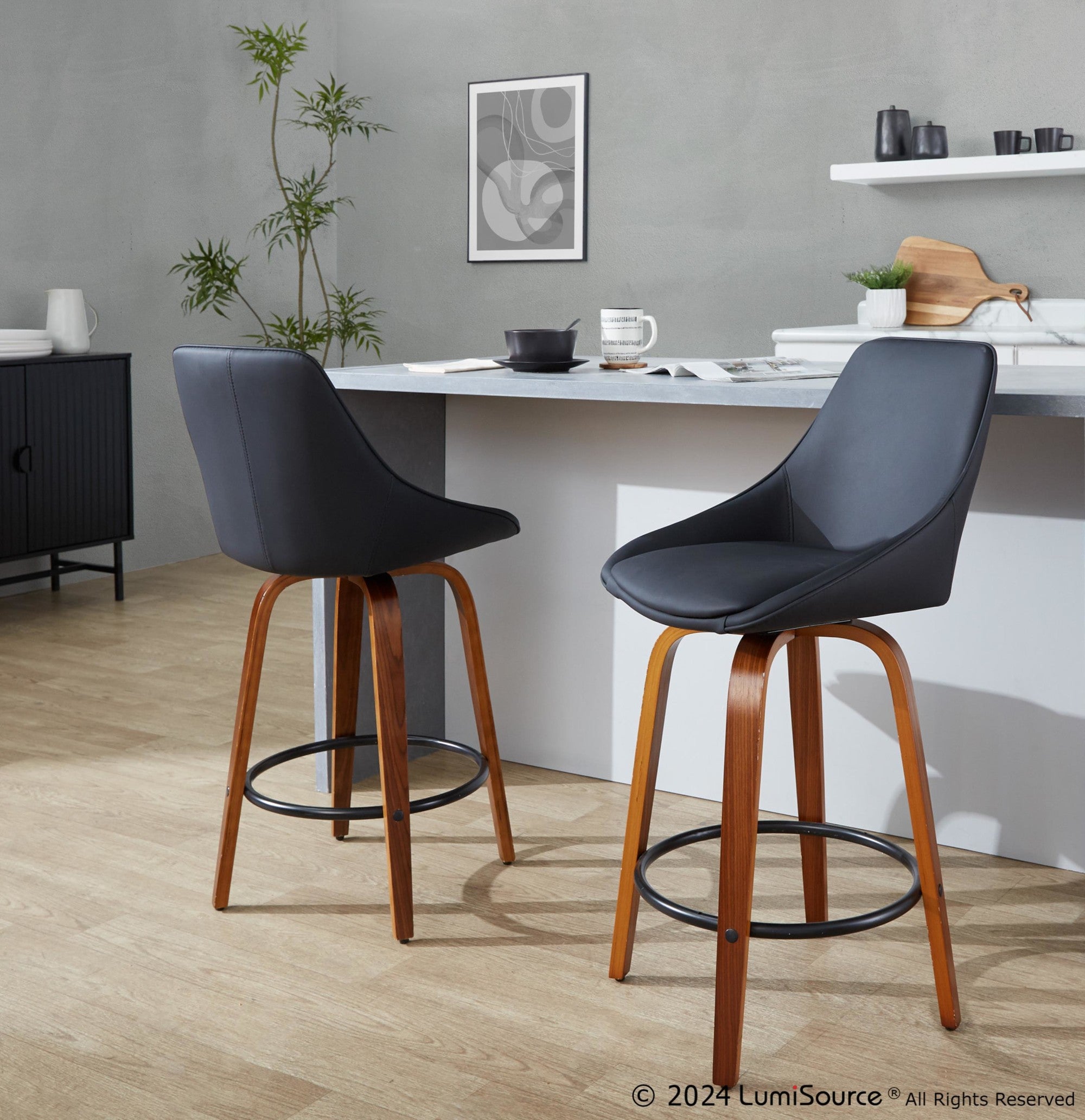 Diana 26" Fixed-Height Counter Stool - Set of 2 - Walnut Wood, Black PU, Black Metal
