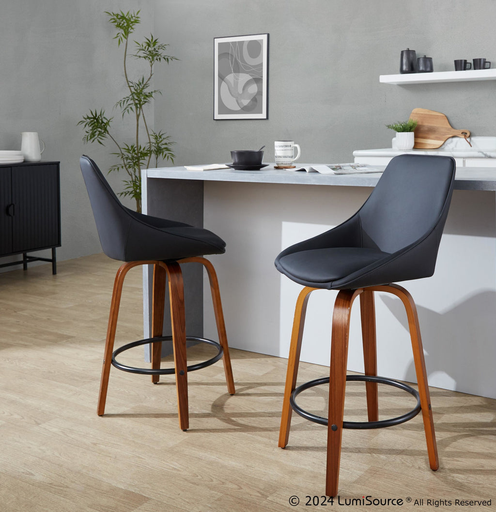 Diana 26" Fixed-Height Counter Stool - Set of 2 - Walnut Wood, Black PU, Black Metal