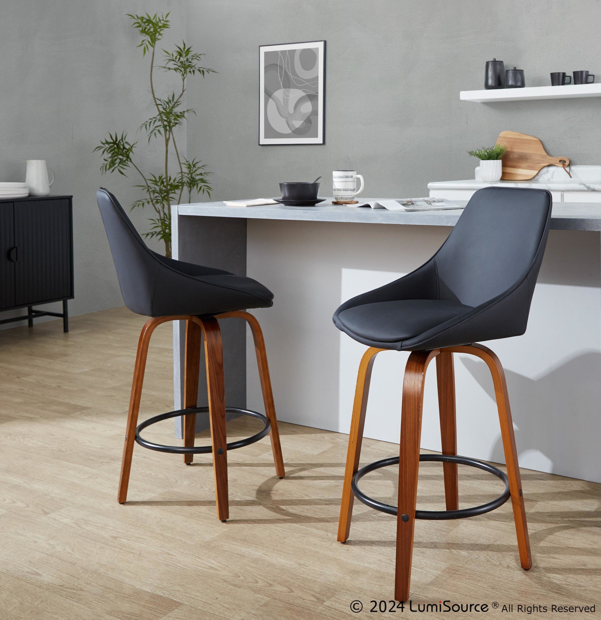 Diana 26" Fixed-Height Counter Stool - Set of 2 - Walnut Wood, Black PU, Black Metal