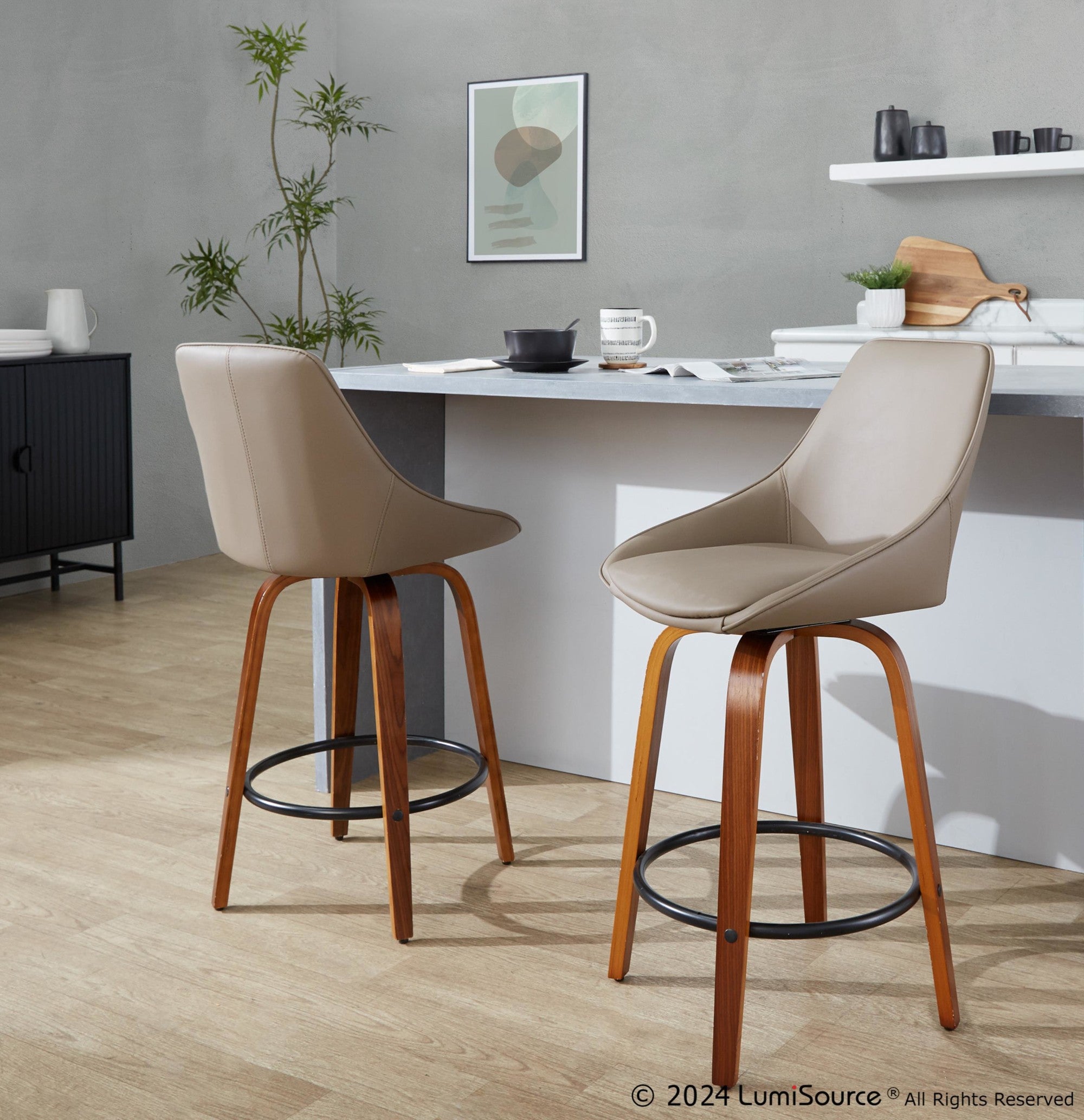 Diana 26" Fixed-Height Counter Stool - Set of 2 - Walnut Wood, Brown PU, Black Metal
