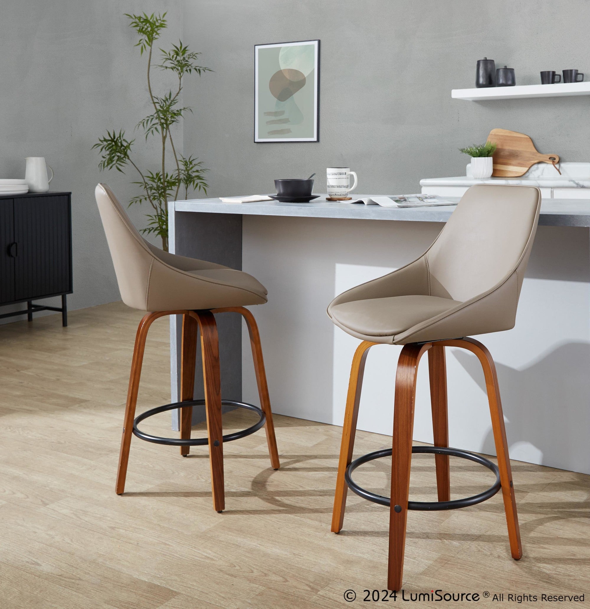 Diana 26" Fixed-Height Counter Stool - Set of 2 - Walnut Wood, Brown PU, Black Metal