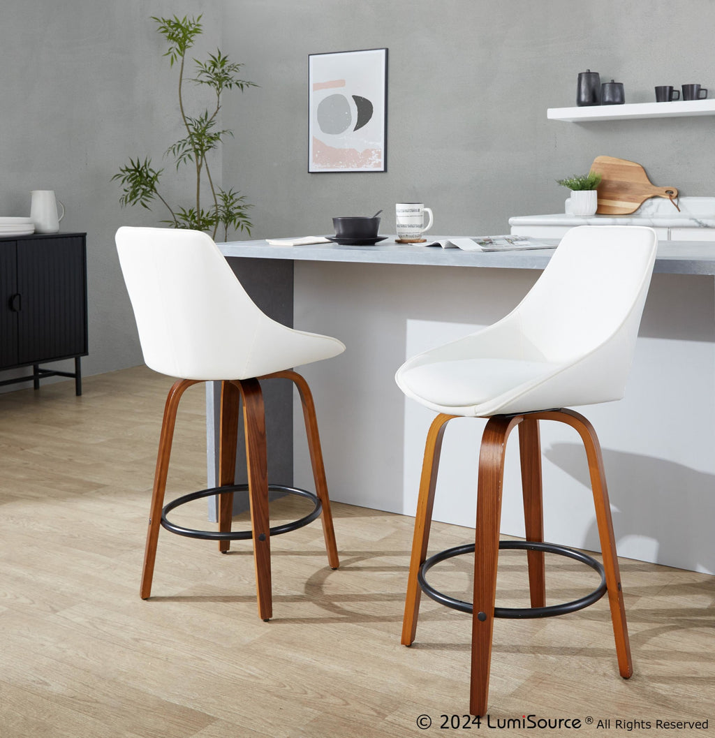 Diana 26" Fixed-Height Counter Stool - Set of 2 - Walnut Wood, White PU, Black Metal