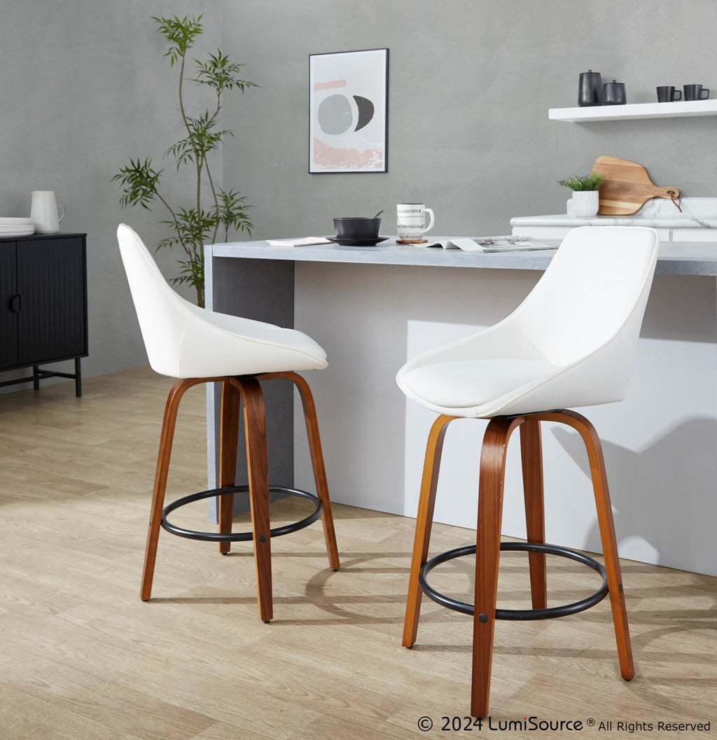 Diana 26" Fixed-Height Counter Stool - Set of 2 - Walnut Wood, White PU, Black Metal