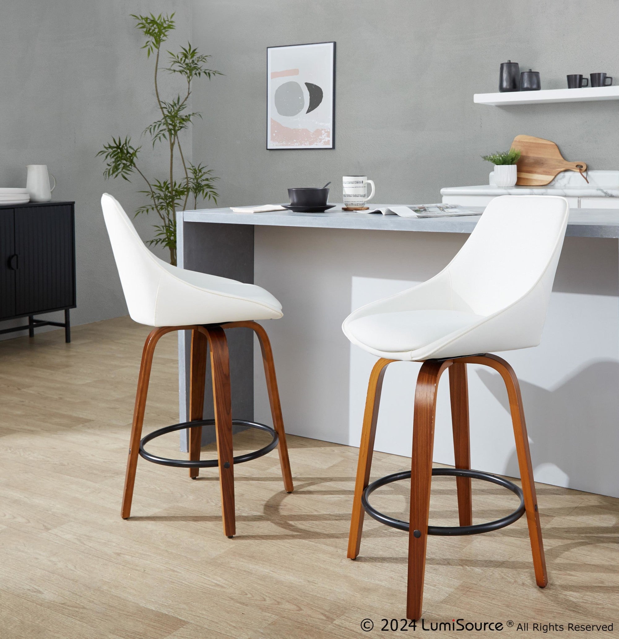 Diana 26" Fixed-Height Counter Stool - Set of 2 - Walnut Wood, White PU, Black Metal