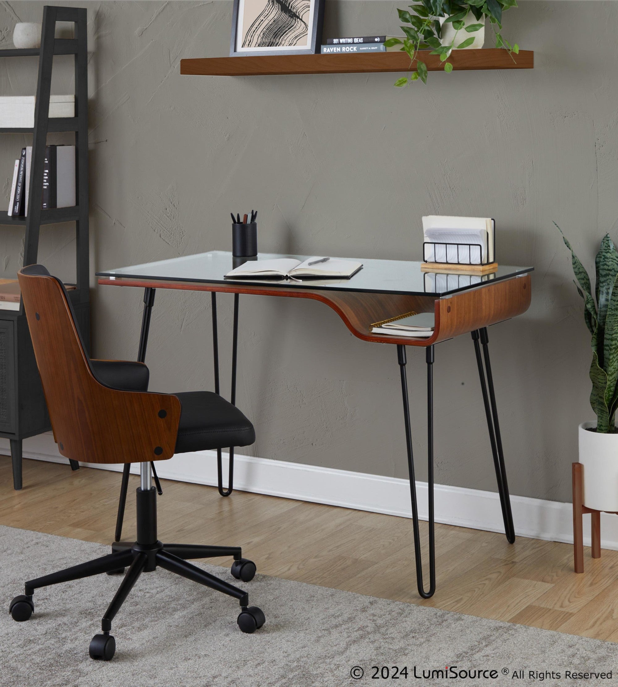 Avery Desk - Black Metal, Walnut Wood, Clear Glass
