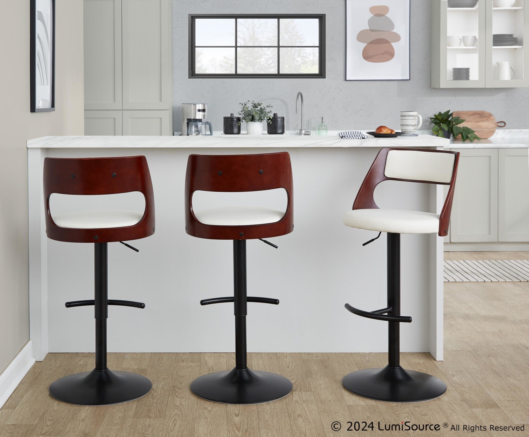 Cecina Adjustable Barstool - Set of 2 - Black Metal, Mahogany Wood, White PU