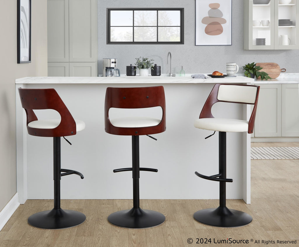 Cecina Adjustable Barstool - Set of 2 - Black Metal, Mahogany Wood, White PU