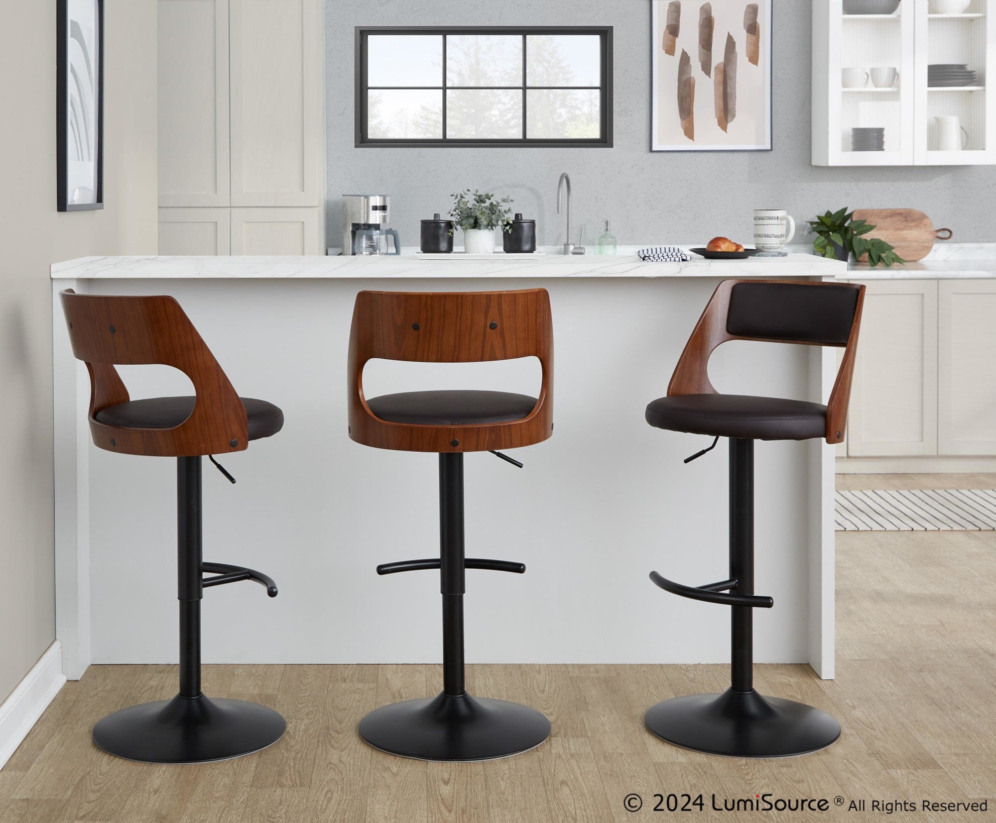 Cecina Adjustable Barstool - Set of 2 - Black Metal, Walnut Wood, Brown PU
