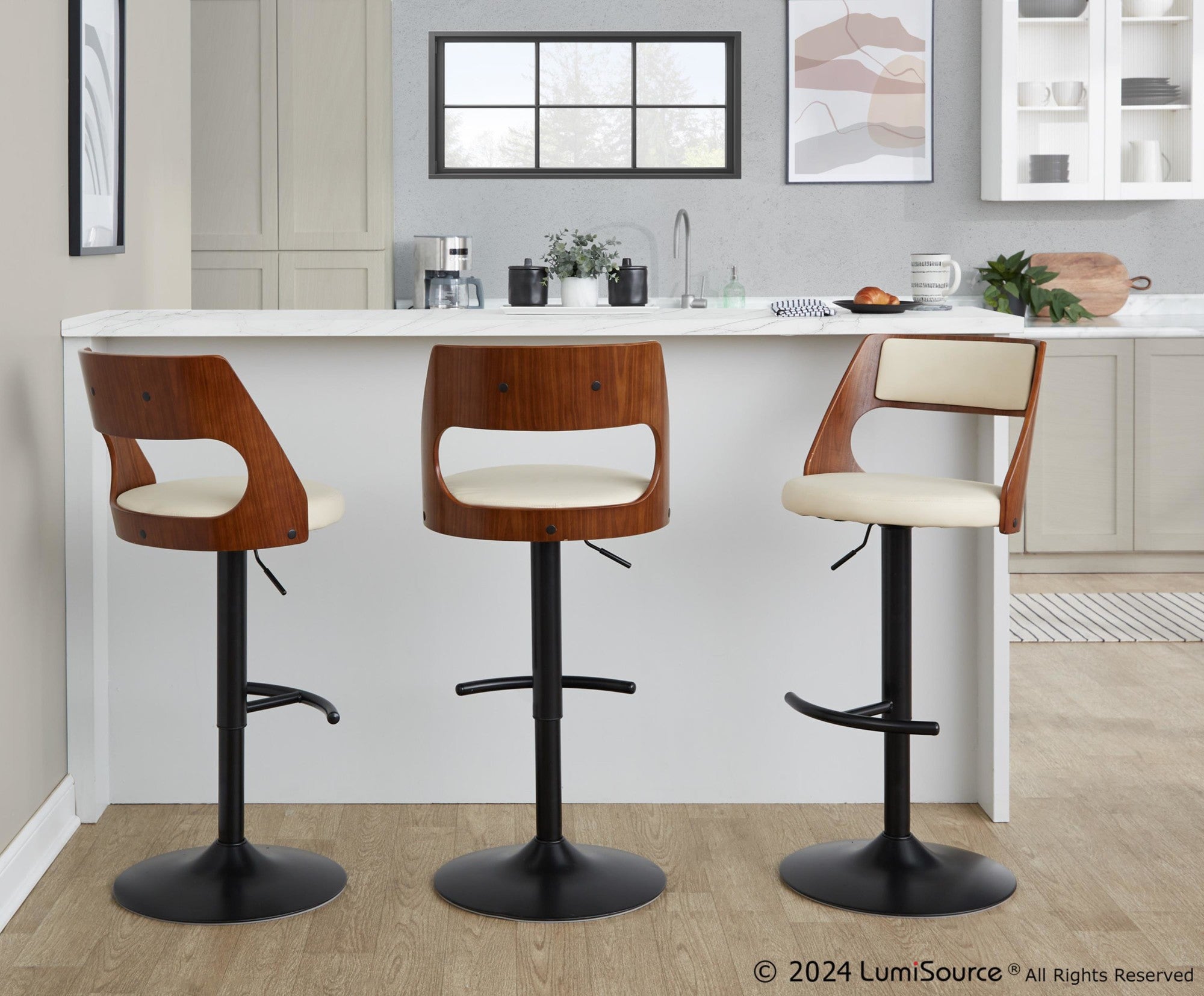 Cecina Adjustable Barstool - Set of 2 - Black Metal, Walnut Wood, Cream PU