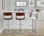 Cecina Adjustable Barstool - Set of 2 - Chrome Metal, Mahogany Wood, White PU