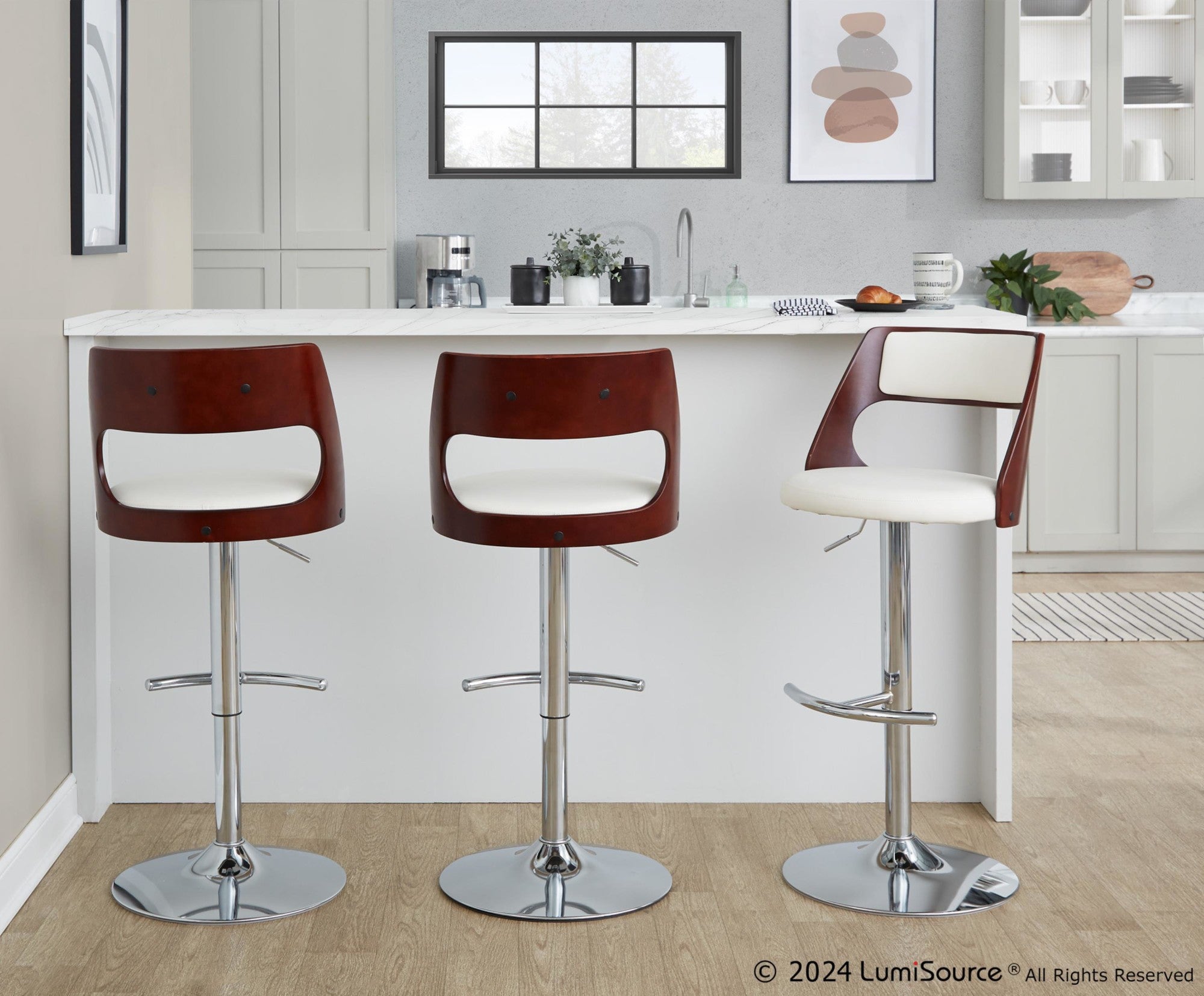 Cecina Adjustable Barstool - Set of 2 - Chrome Metal, Mahogany Wood, White PU