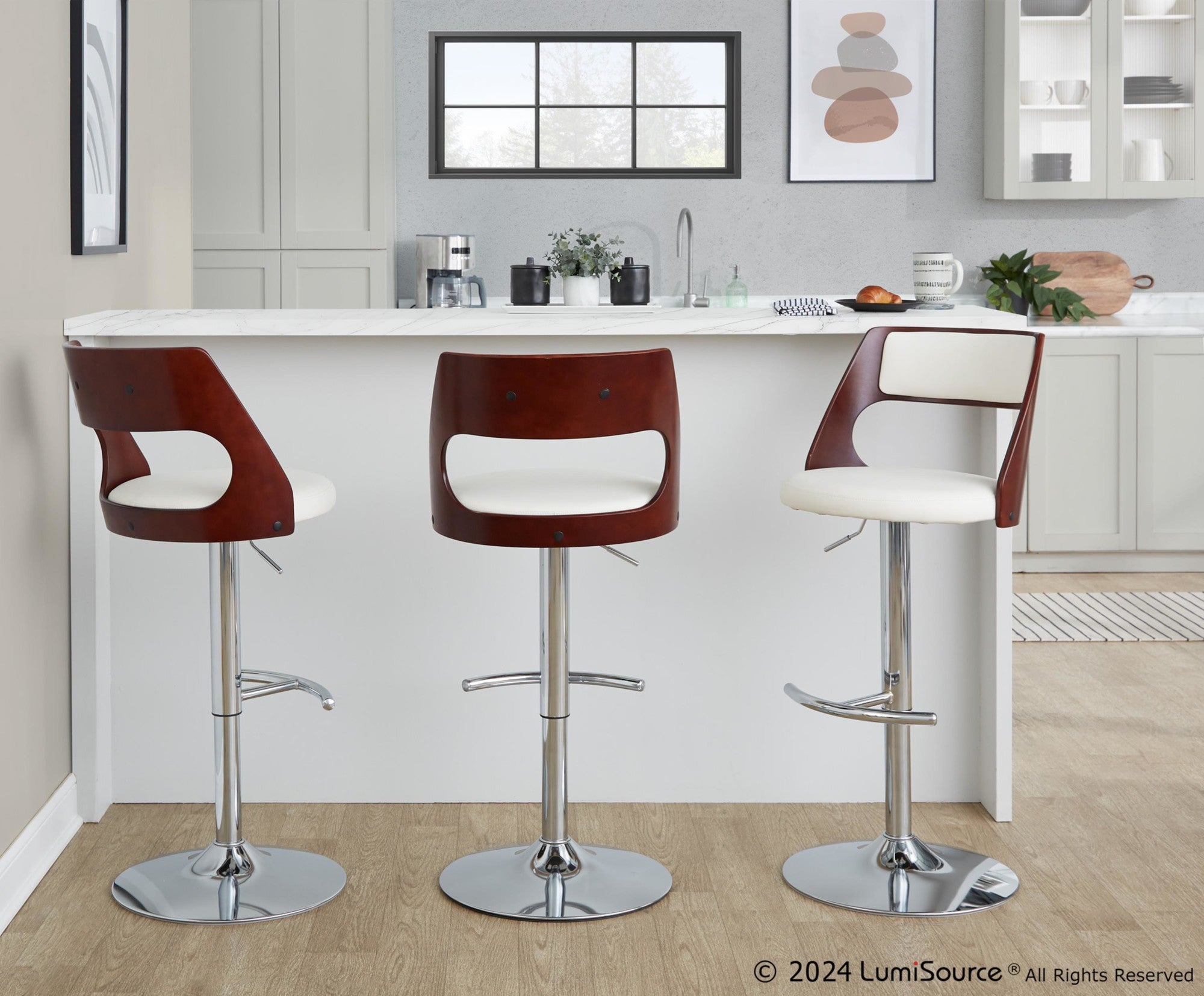 Cecina Adjustable Barstool - Set of 2 - Chrome Metal, Mahogany Wood, White PU