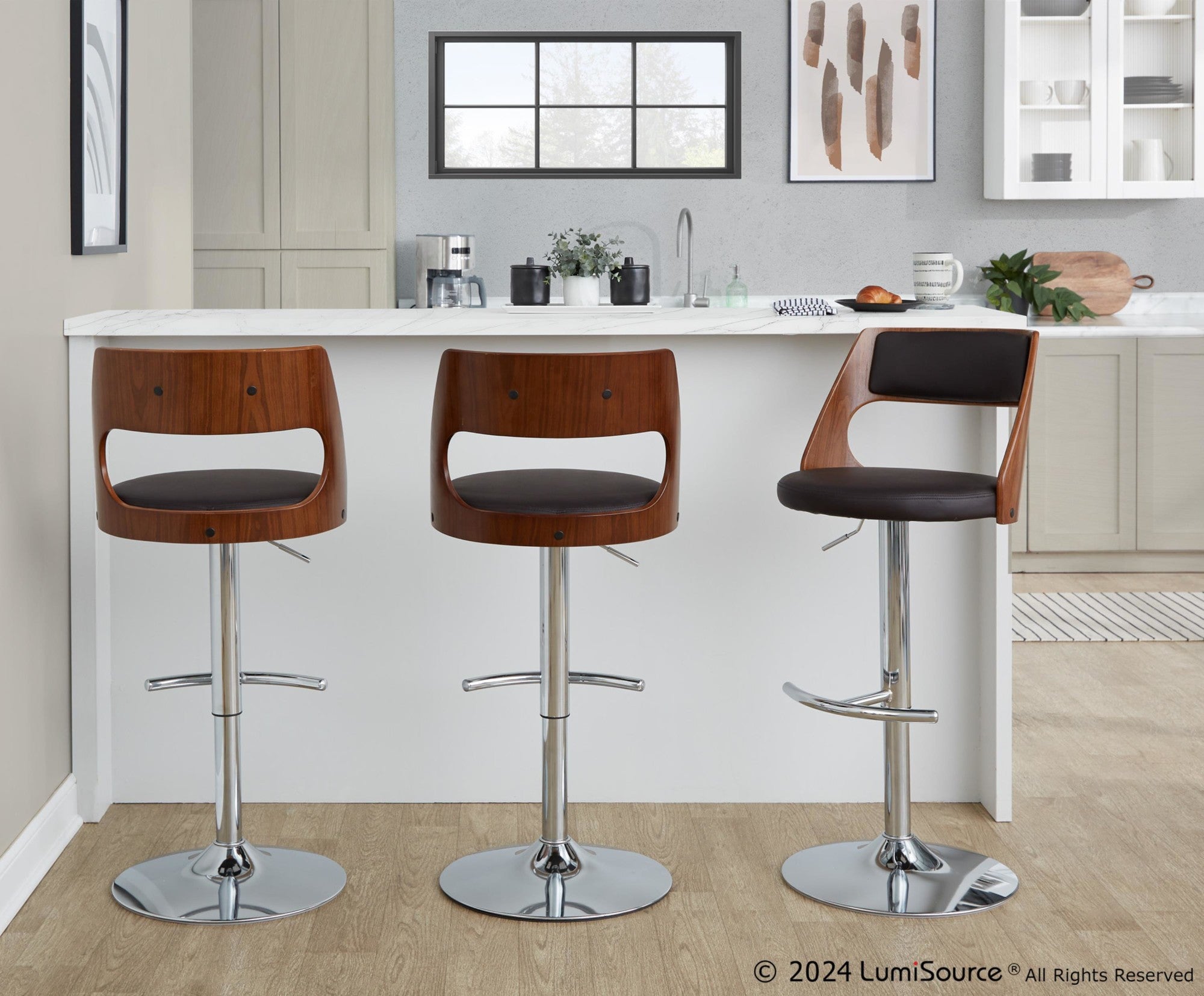 Cecina Adjustable Barstool - Set of 2 - Chrome Metal, Walnut Wood, Brown PU