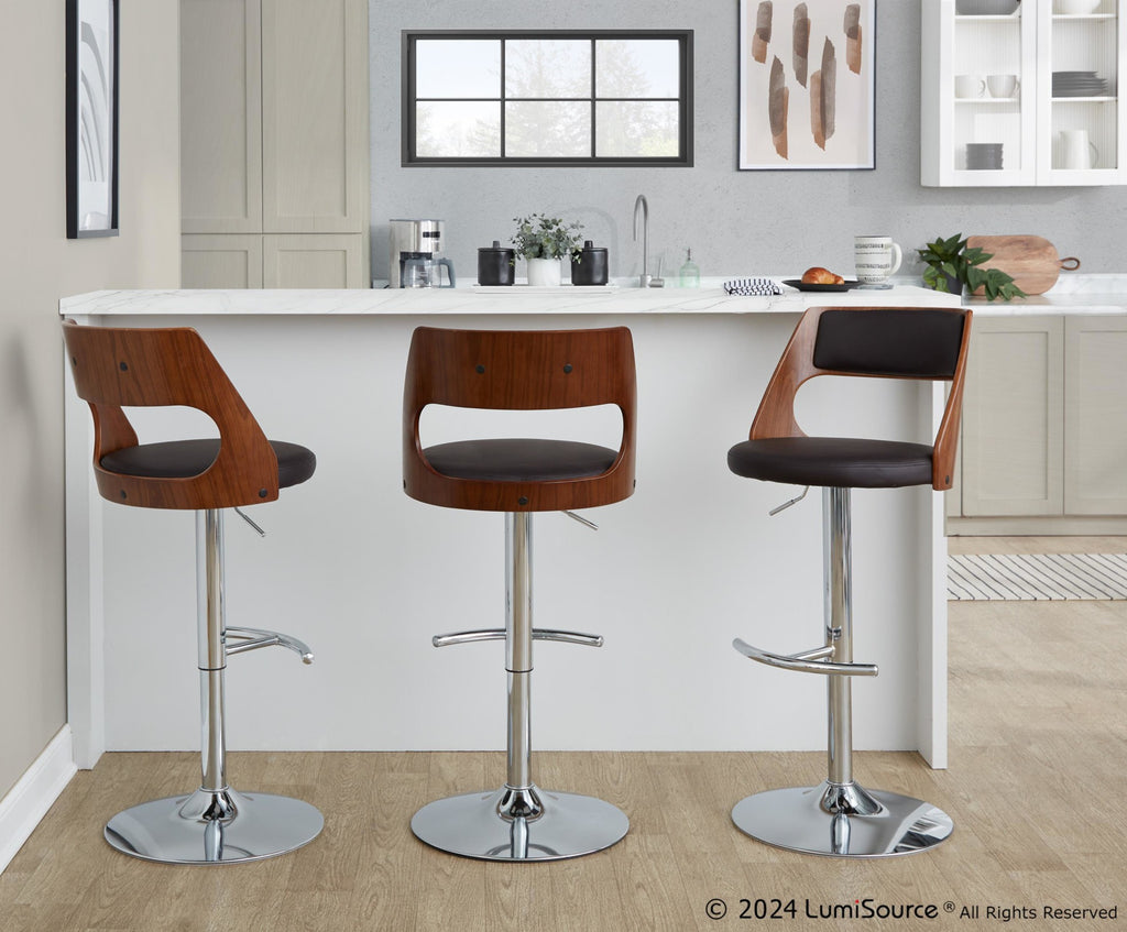 Cecina Adjustable Barstool - Set of 2 - Chrome Metal, Walnut Wood, Brown PU