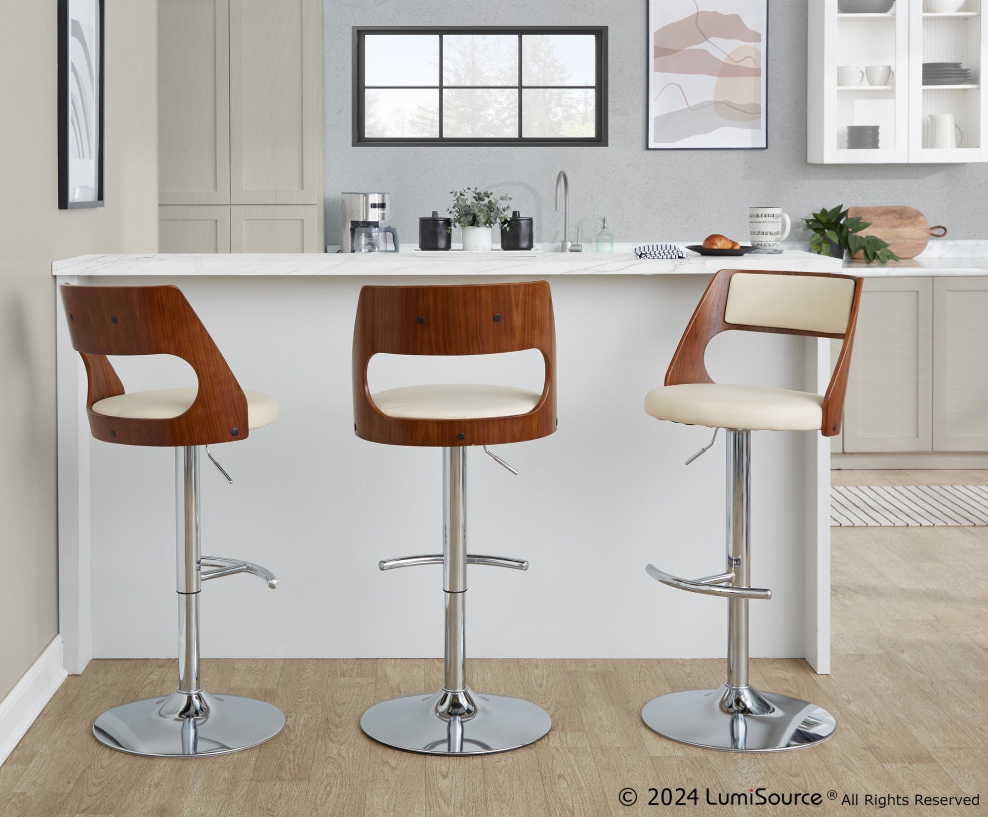 Cecina Adjustable Barstool - Set of 2 - Chrome Metal, Walnut Wood, Cream PU