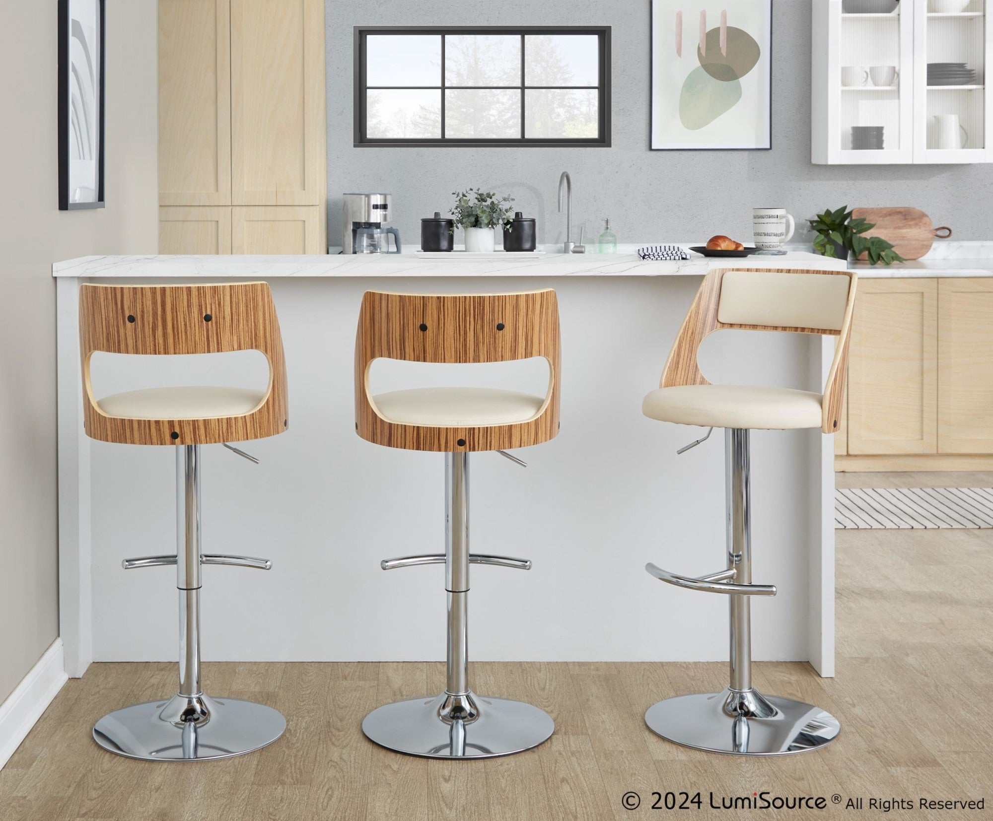 Cecina Adjustable Barstool - Set of 2 - Chrome Metal, Zebra Wood, Cream PU