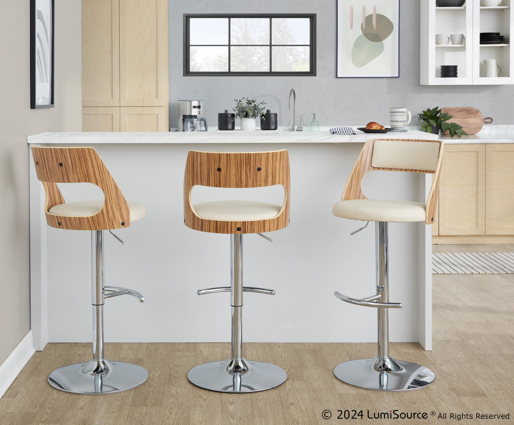 Cecina Adjustable Barstool - Set of 2 - Chrome Metal, Zebra Wood, Cream PU
