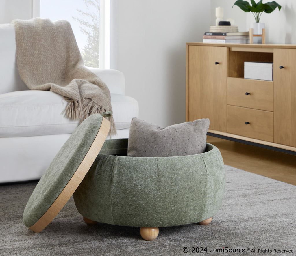 Tray Pouf Storage Ottoman - Natural Wood, Green Fabric