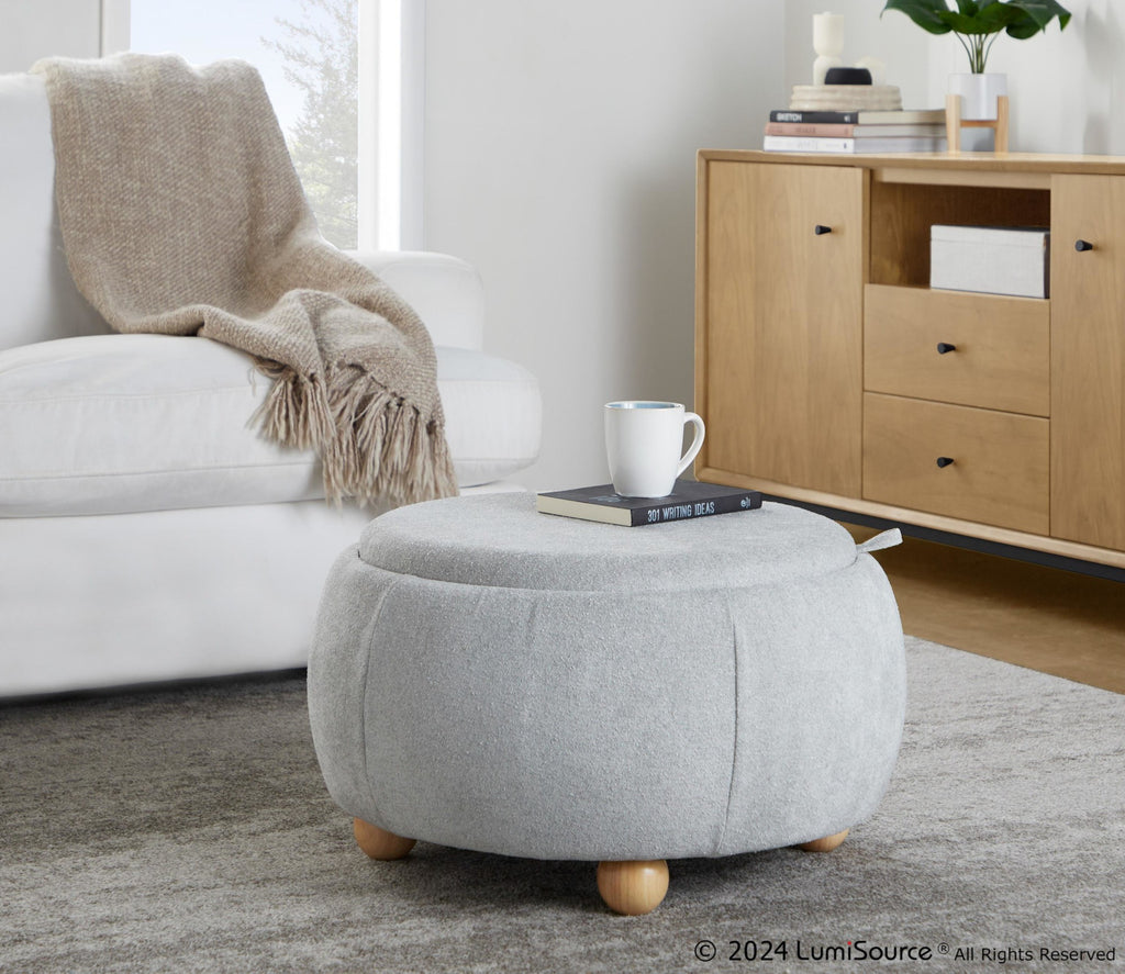 Tray Pouf Storage Ottoman - Natural Wood, Light Grey Fabric