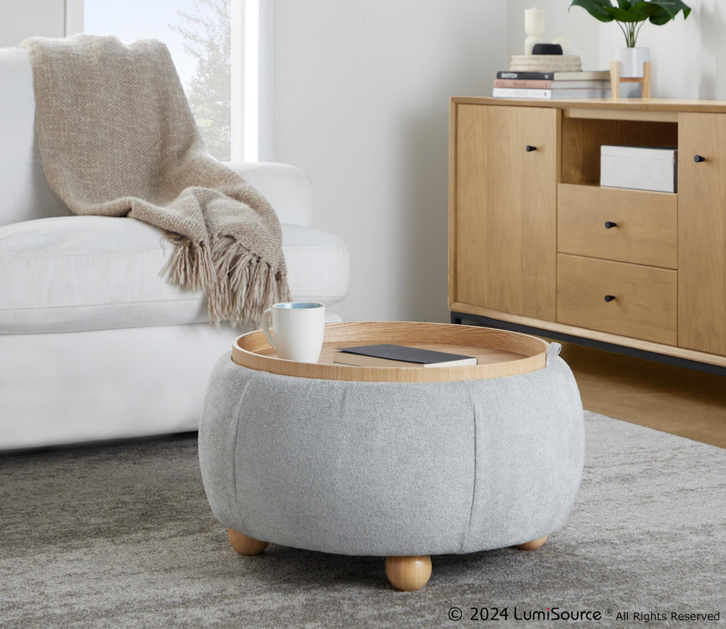 Tray Pouf Storage Ottoman - Natural Wood, Light Grey Fabric