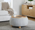 Tray Pouf Storage Ottoman - Natural Wood, Light Grey Fabric