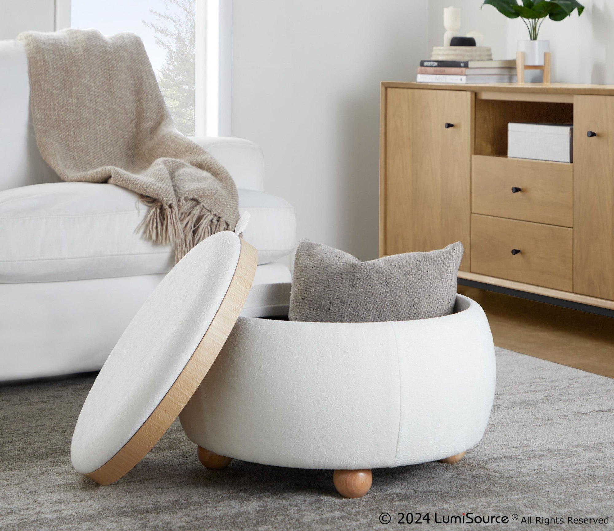 Tray Pouf Storage Ottoman - Natural Wood, White Fabric