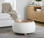 Tray Pouf Storage Ottoman - Natural Wood, White Fabric
