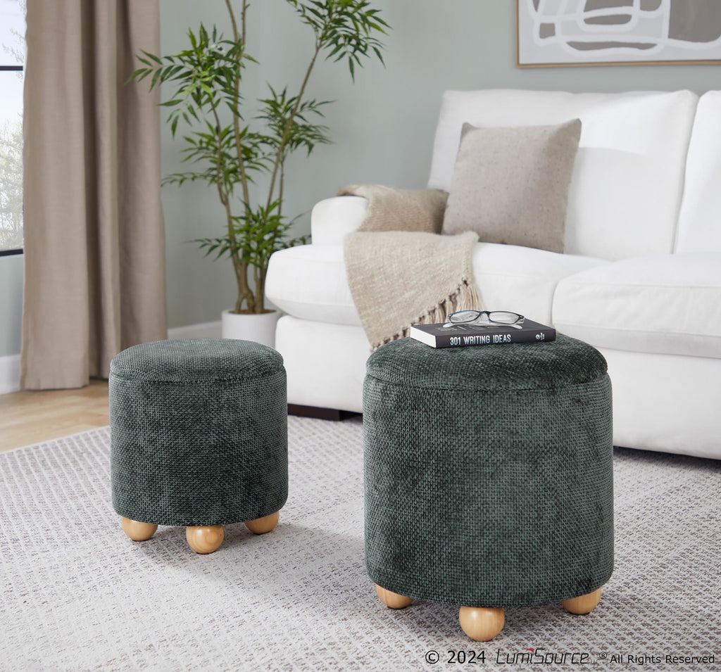 Bacci Ottoman - Set of 2 - Natural Wood, Green Fabric