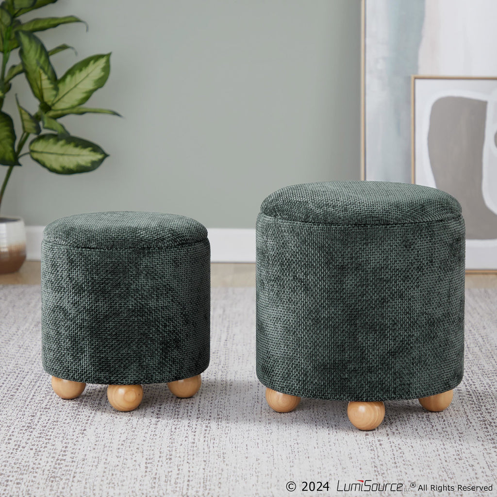Bacci Ottoman - Set of 2 - Natural Wood, Green Fabric