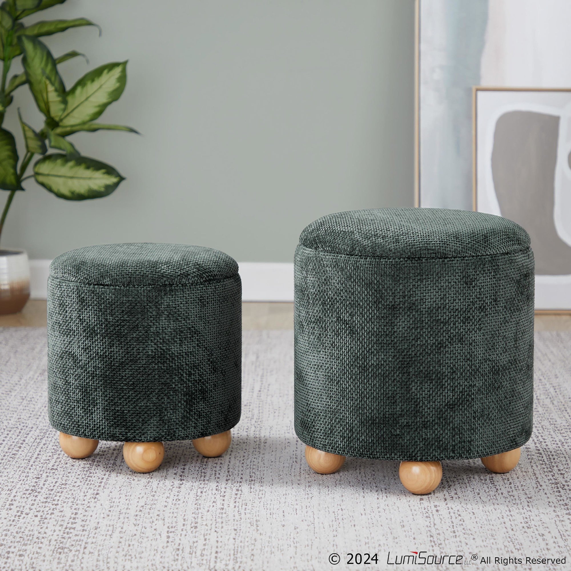 Bacci Ottoman - Set of 2 - Natural Wood, Green Fabric