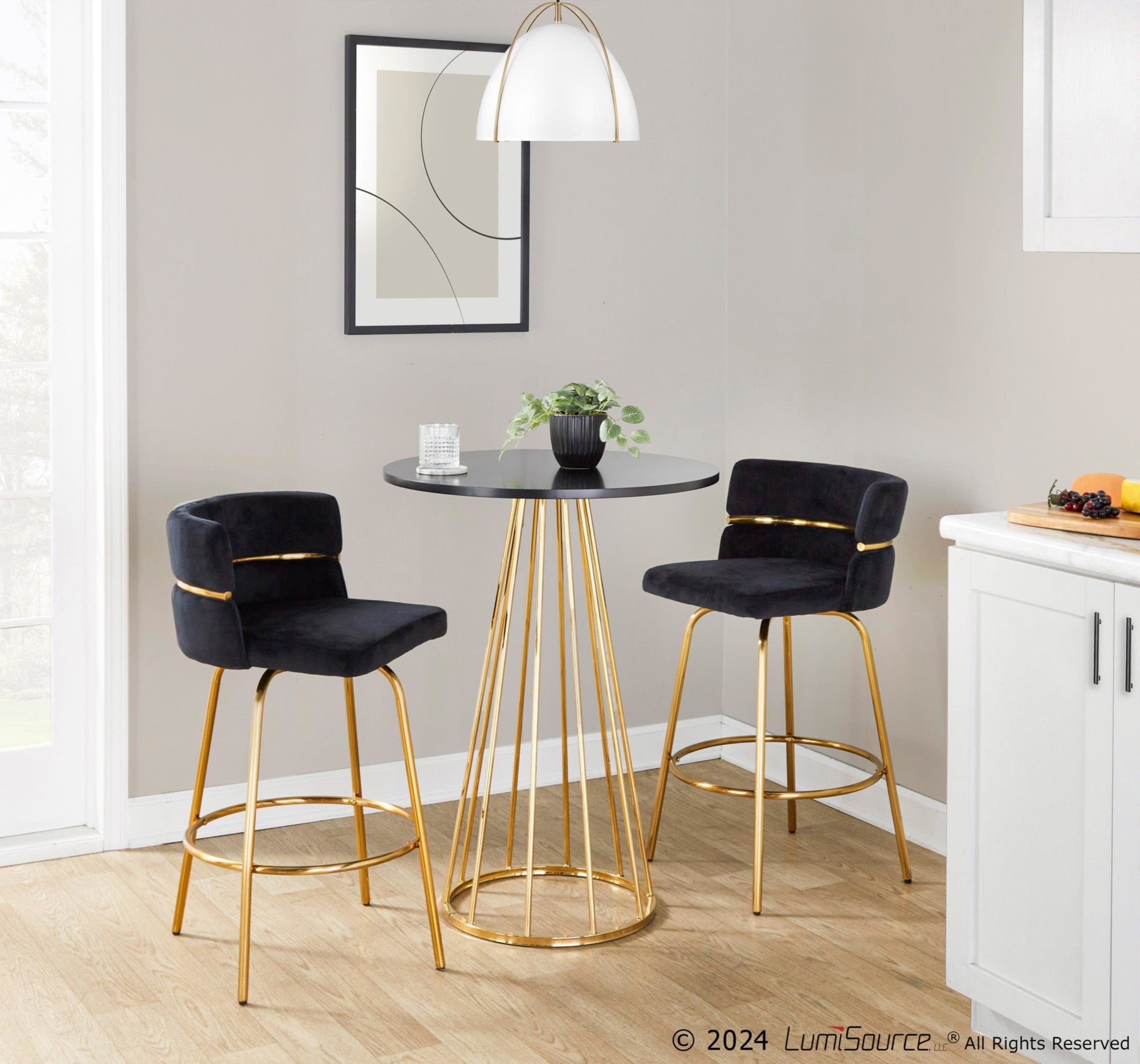 Cinch Claire 26" Fixed-Height Counter Stool - Set of 2 - Gold Metal, Black Velvet