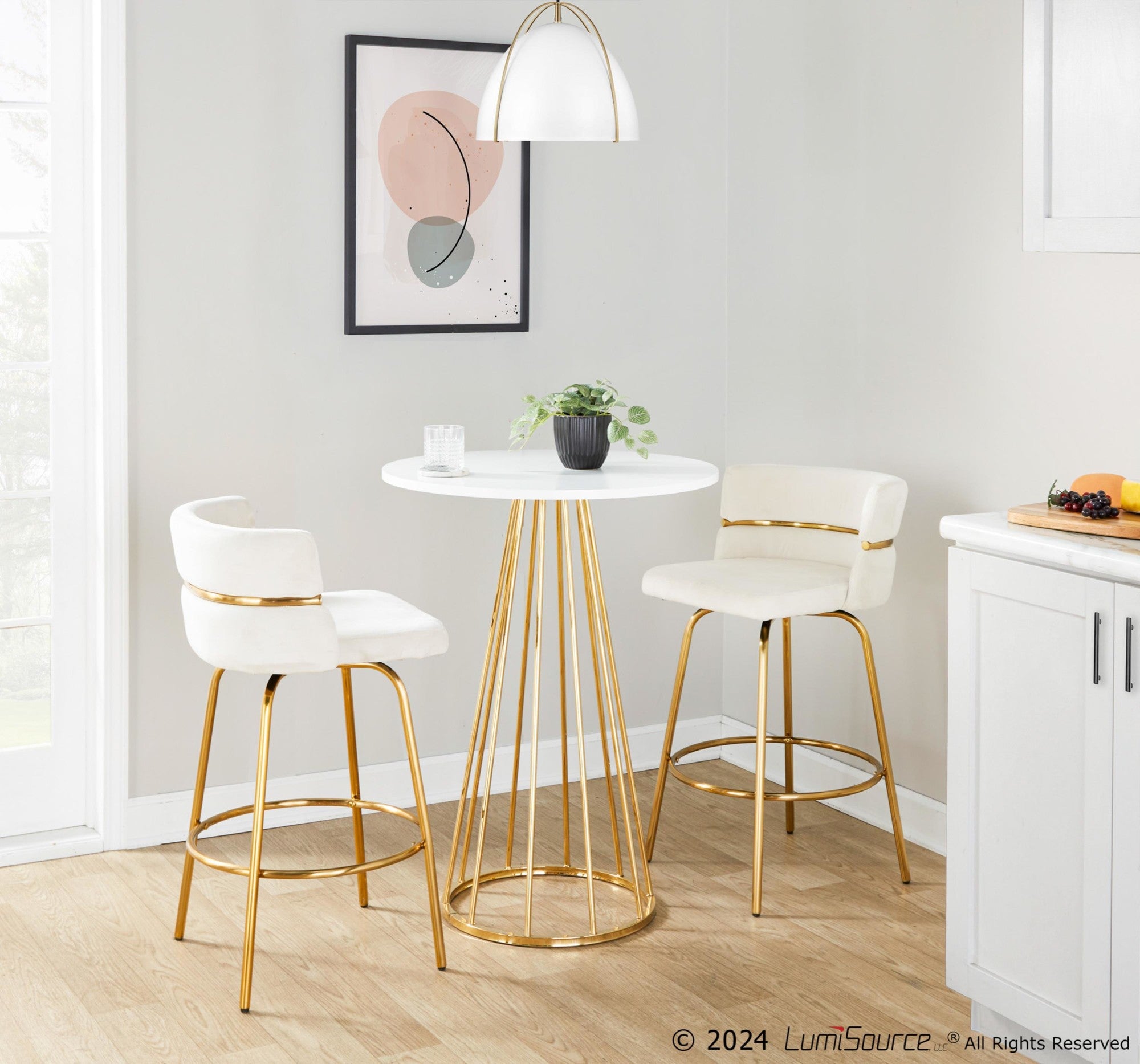 Canary Counter Table - Gold Metal, White Mdf