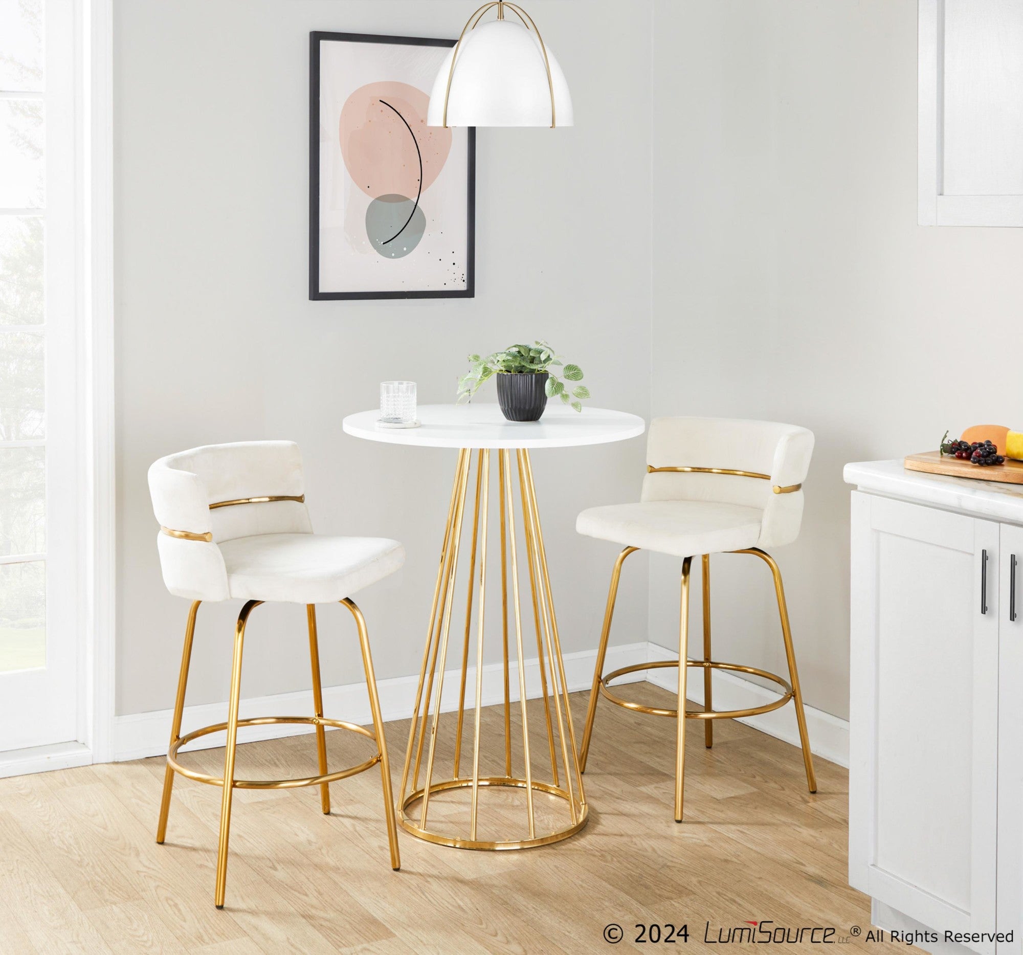 Canary Counter Table - Gold Metal, White Mdf