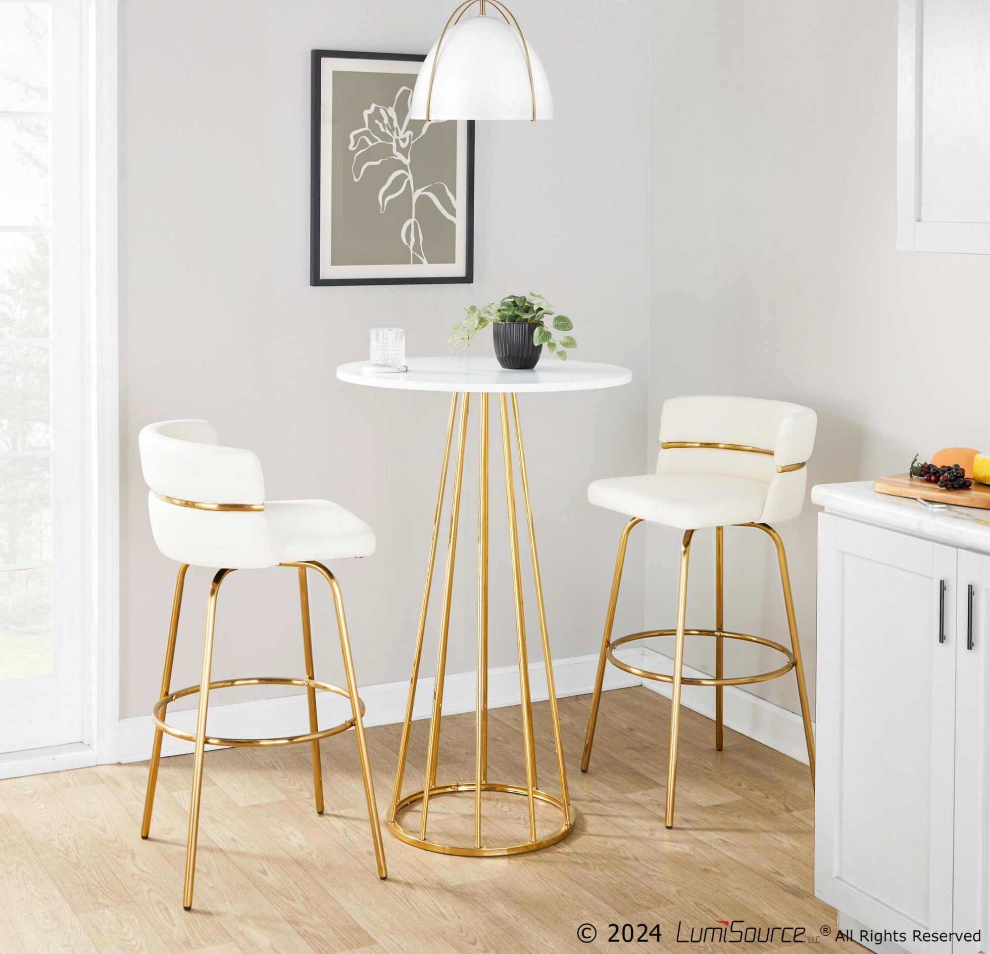 Canary Bar Table - Gold Metal, White Mdf