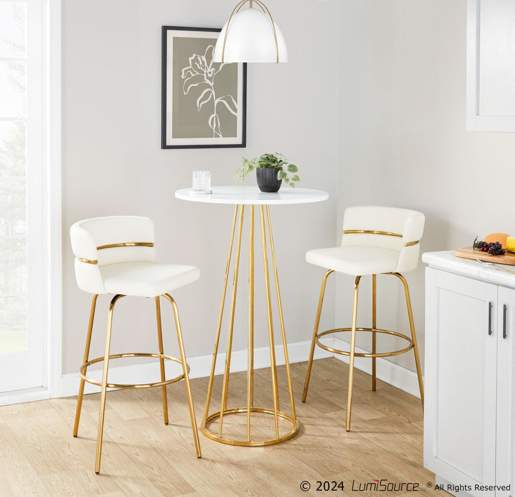 Cinch Claire 30" Fixed-Height Barstool - Set of 2 - Gold Metal, White PU