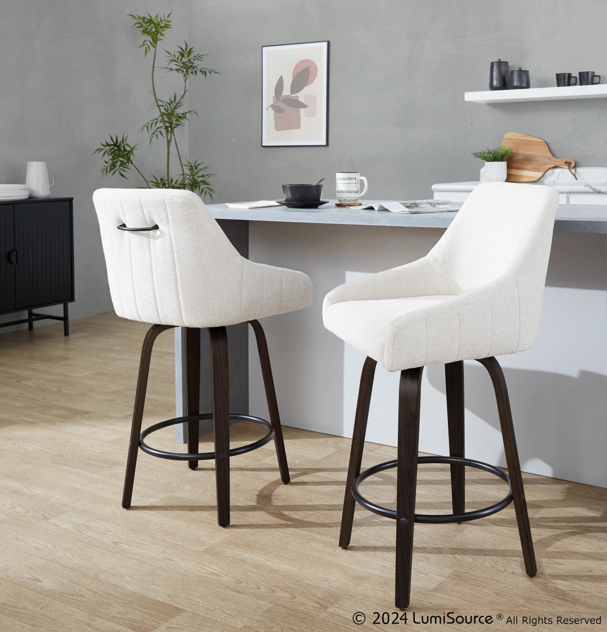 Hannah 26" Fixed-Height Counter Stool - Set of 2 - Walnut Glazed Wood, Cream Fabric, Black Metal