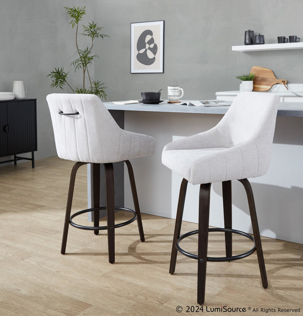 Hannah 26" Fixed-Height Counter Stool - Set of 2 - Walnut Glazed Wood, Grey Fabric, Black Metal