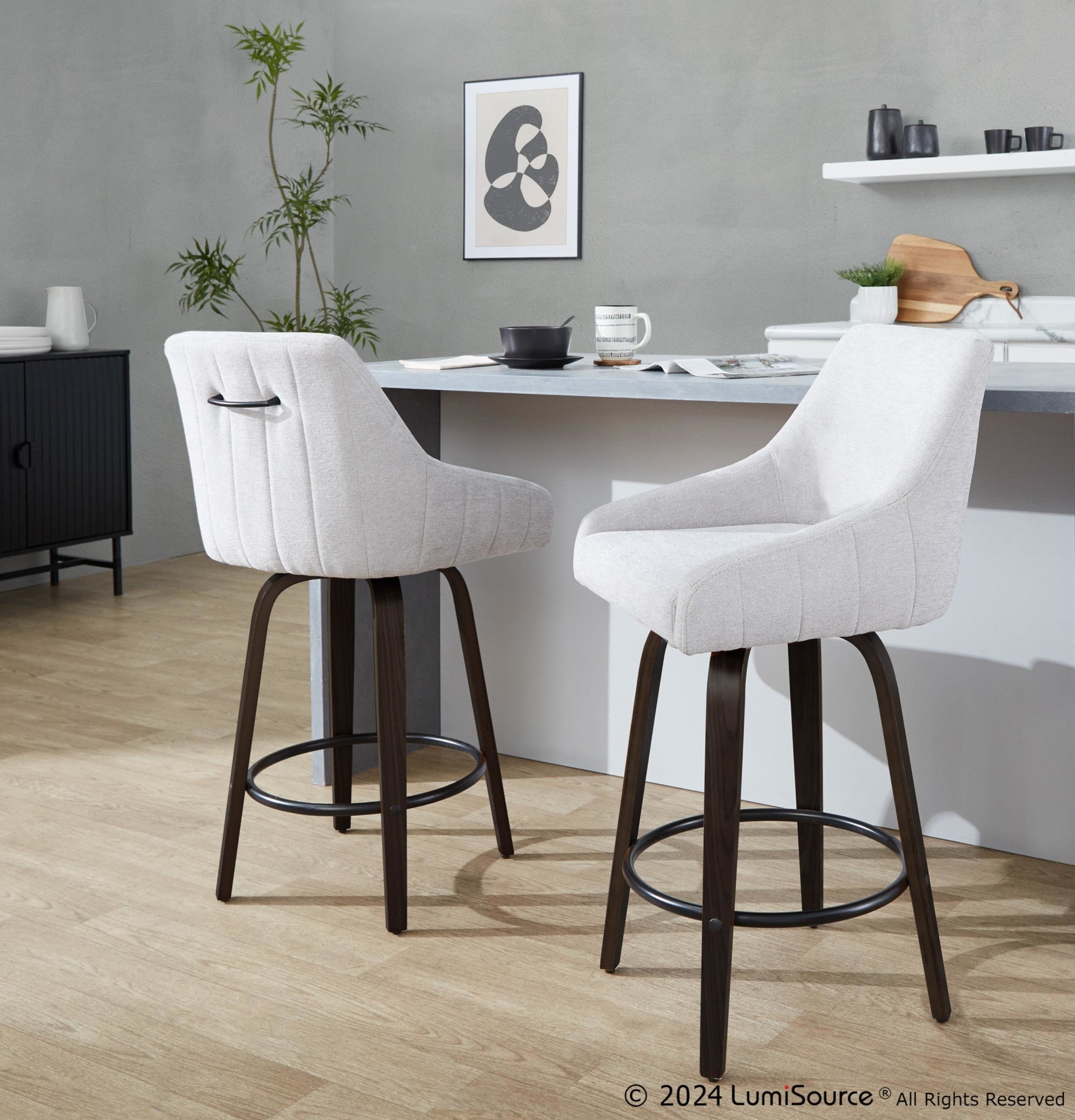 Hannah 26" Fixed-Height Counter Stool - Set of 2 - Walnut Glazed Wood, Grey Fabric, Black Metal