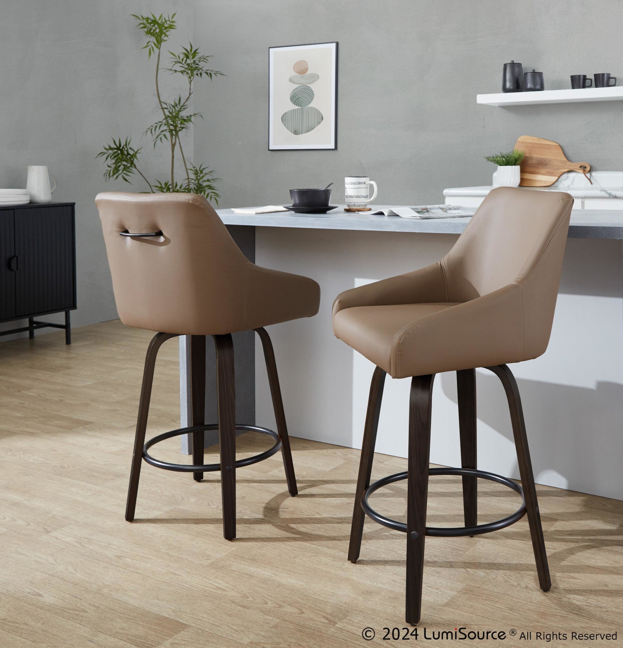 Hannah 26" Fixed-Height Counter Stool - Set of 2 - Walnut Glazed Wood, Brown PU, Black Metal