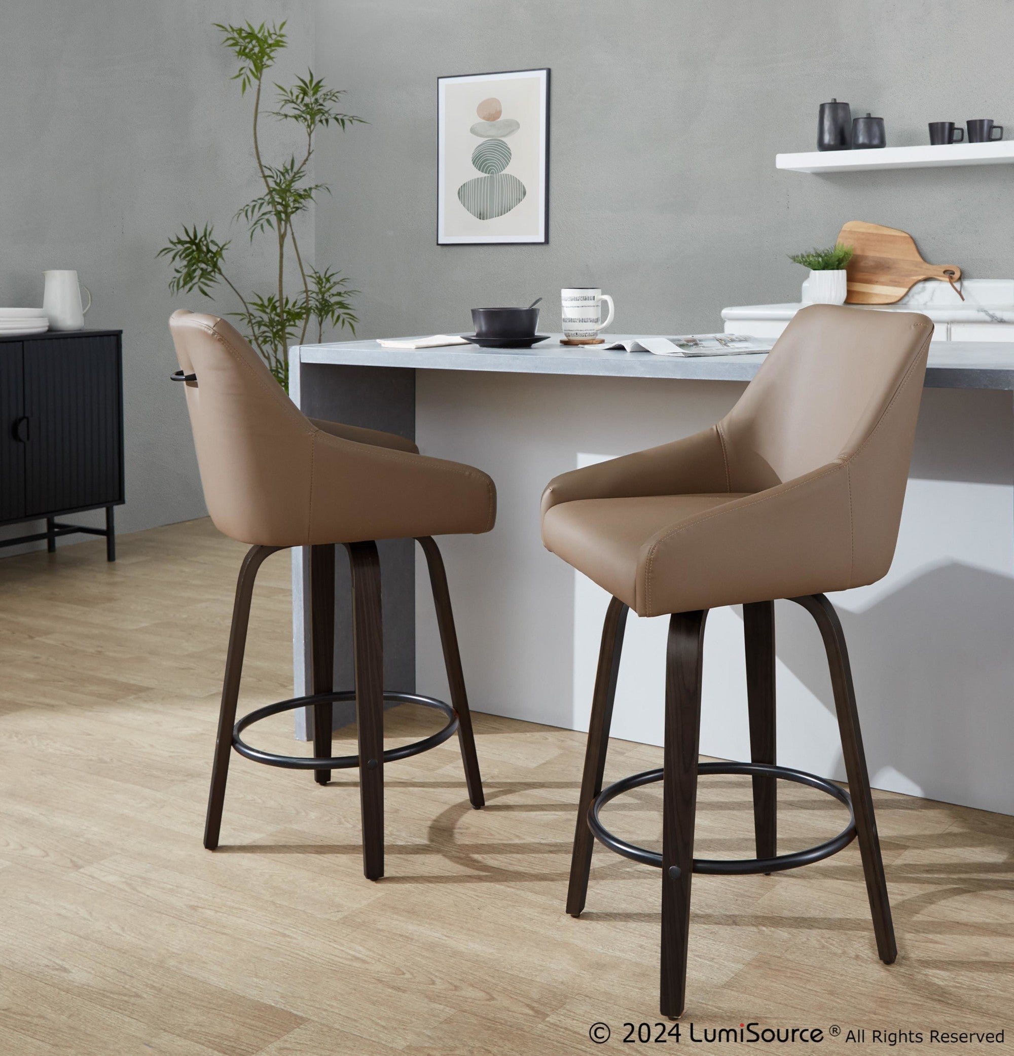 Hannah 26" Fixed-Height Counter Stool - Set of 2 - Walnut Glazed Wood, Brown PU, Black Metal