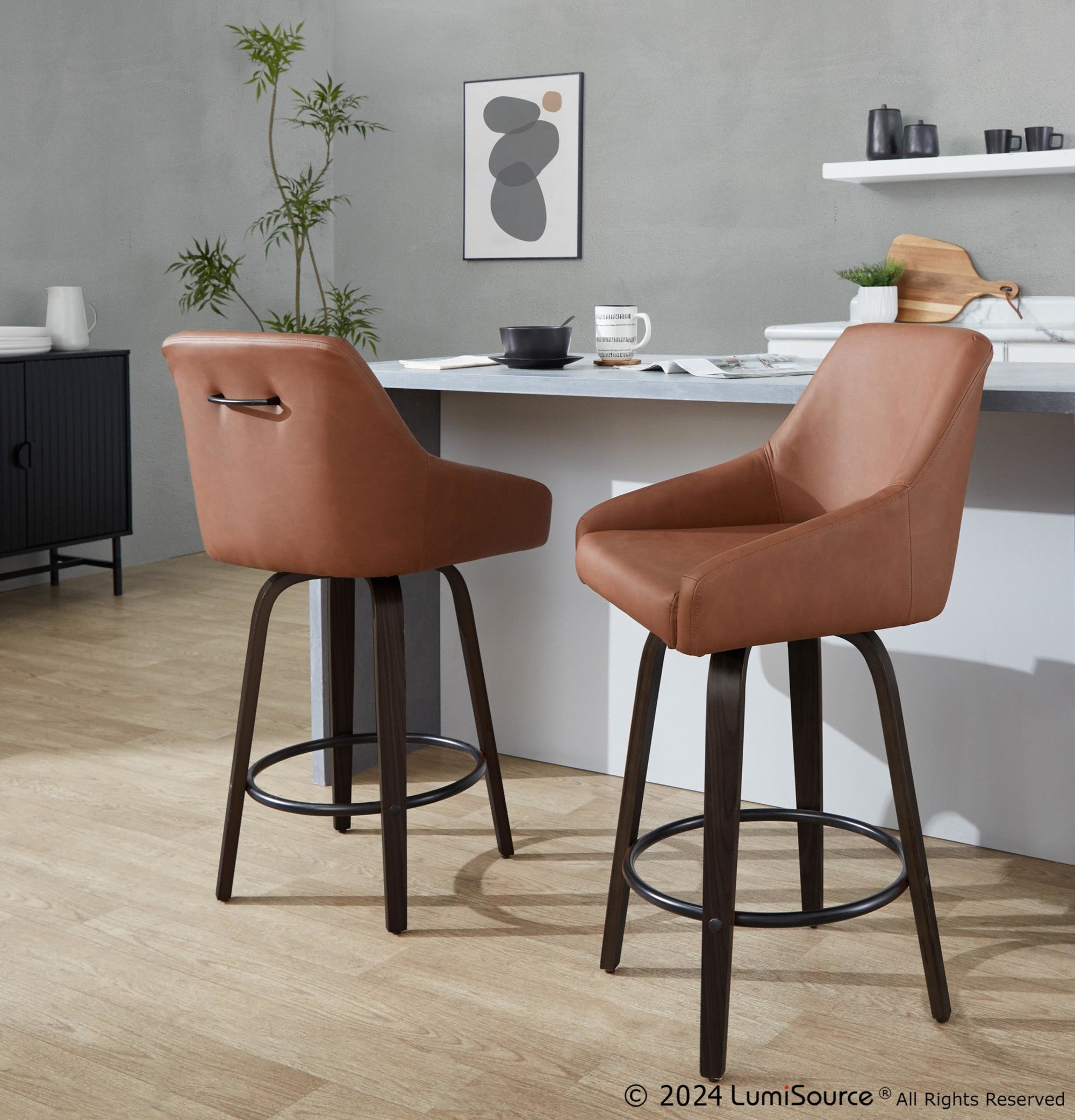 Hannah 26" Fixed-Height Counter Stool - Set of 2 - Walnut Glazed Wood, Camel PU, Black Metal