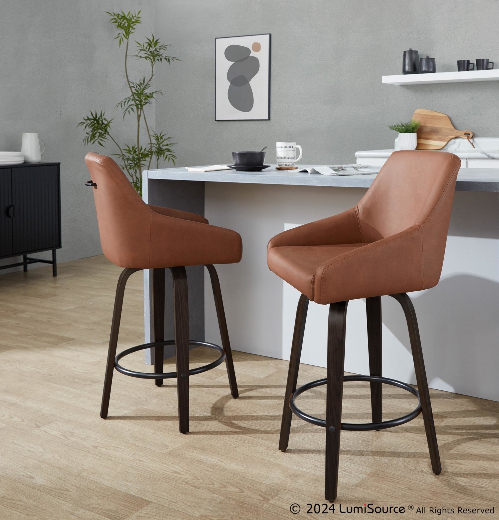 Hannah 26" Fixed-Height Counter Stool - Set of 2 - Walnut Glazed Wood, Camel PU, Black Metal