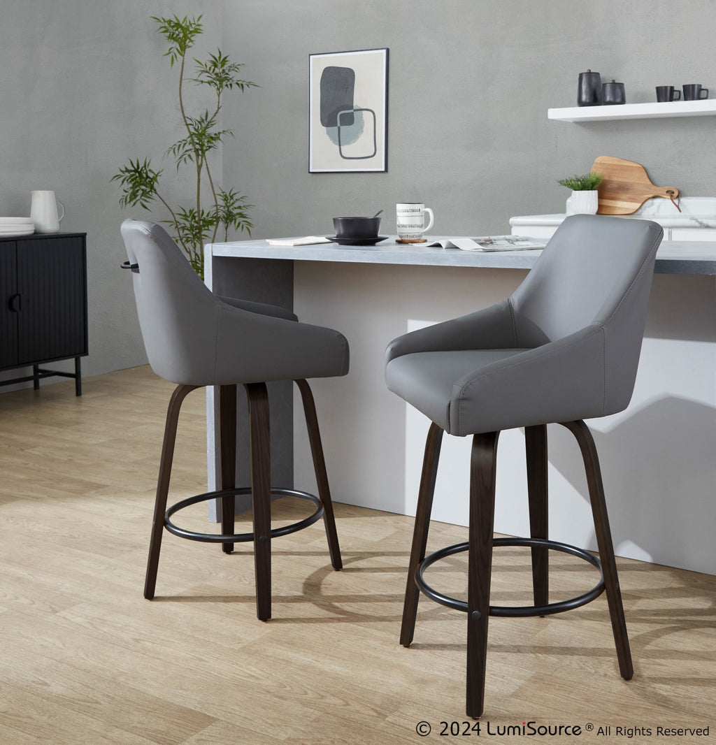 Hannah 26" Fixed-Height Counter Stool - Set of 2 - Walnut Glazed Wood, Dark Grey PU, Black Metal