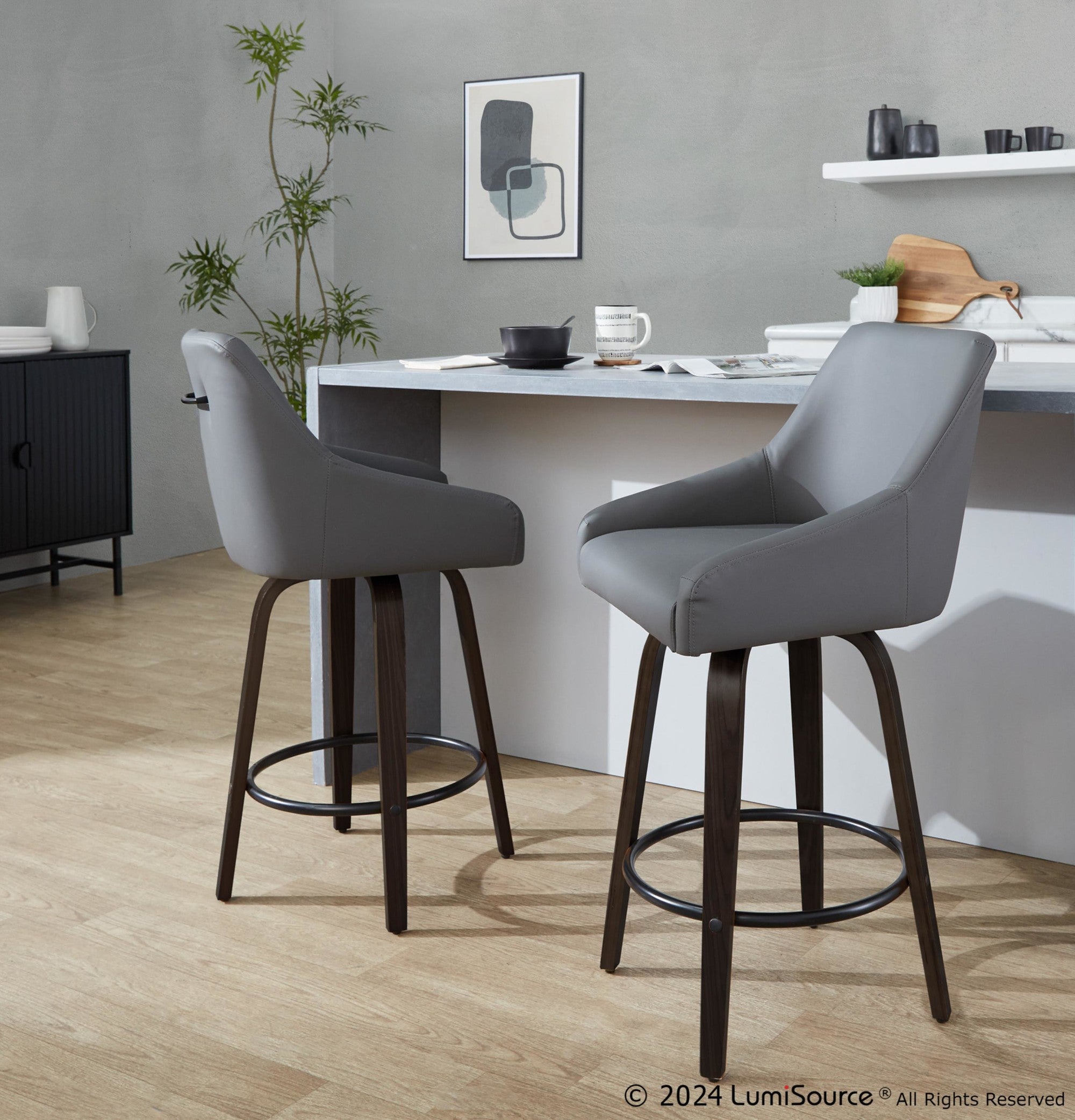 Hannah 26" Fixed-Height Counter Stool - Set of 2 - Walnut Glazed Wood, Dark Grey PU, Black Metal