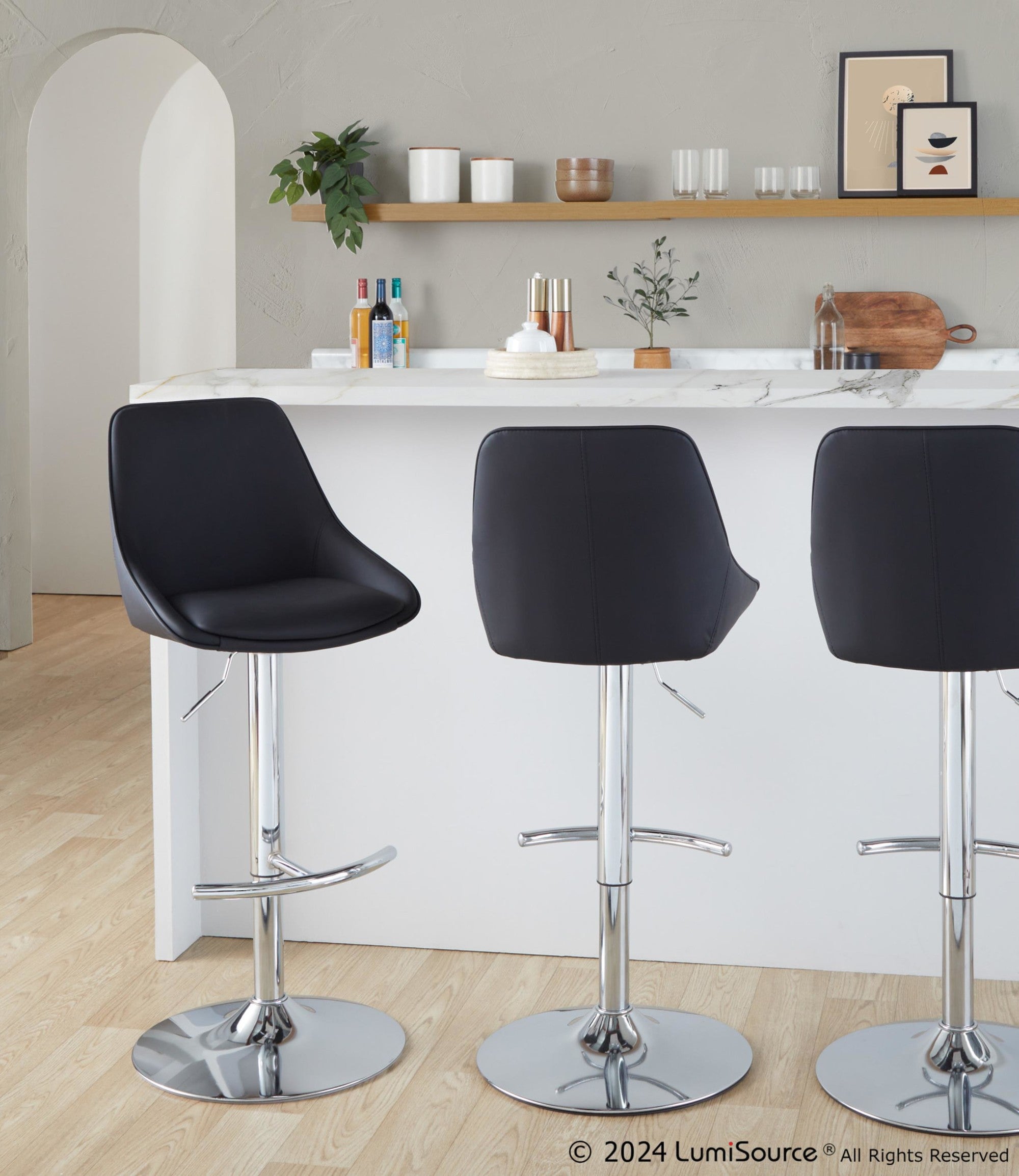 Diana Adjustable Barstool - Set of 2 - Chrome Metal, Black PU