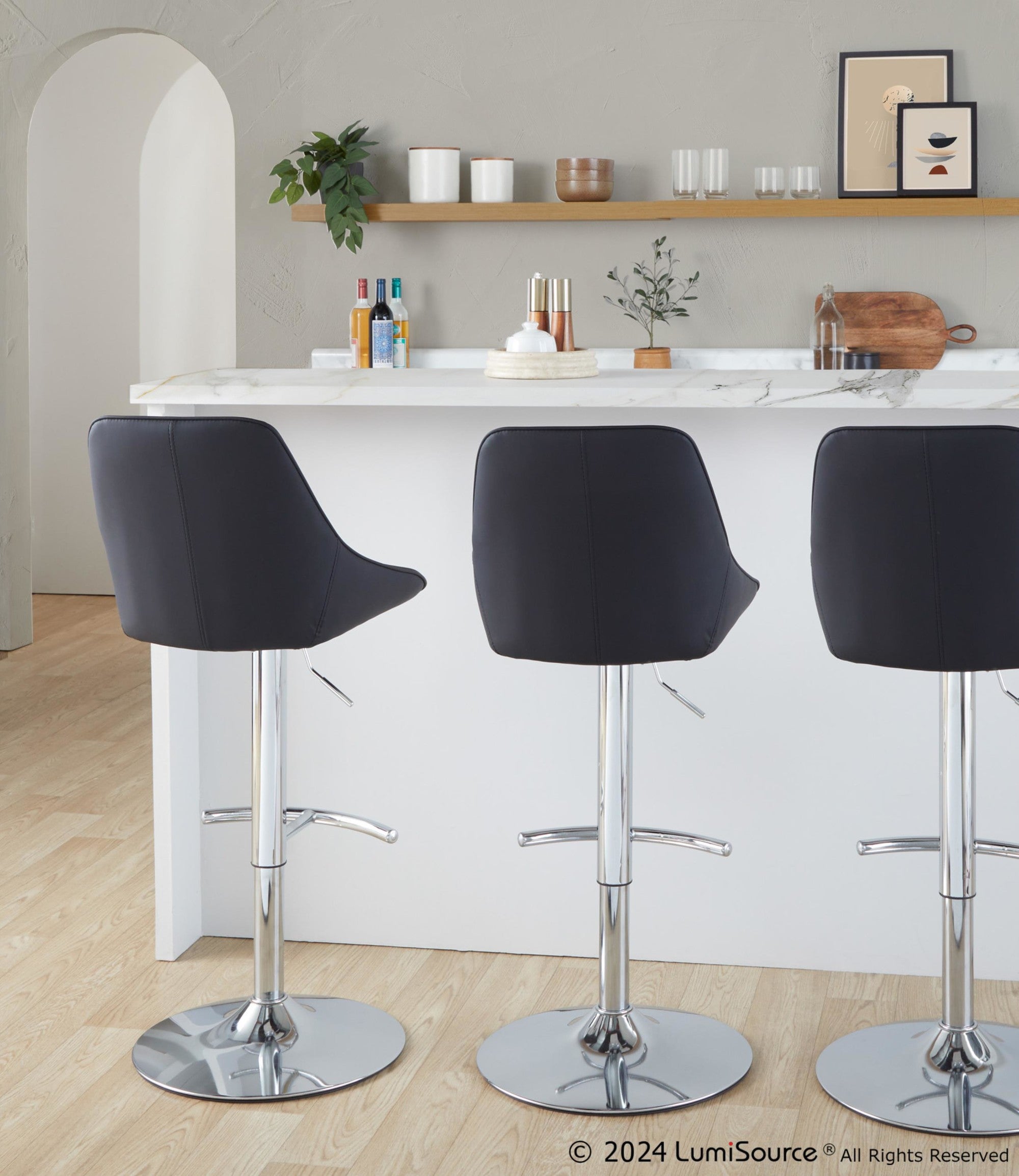 Diana Adjustable Barstool - Set of 2 - Chrome Metal, Black PU