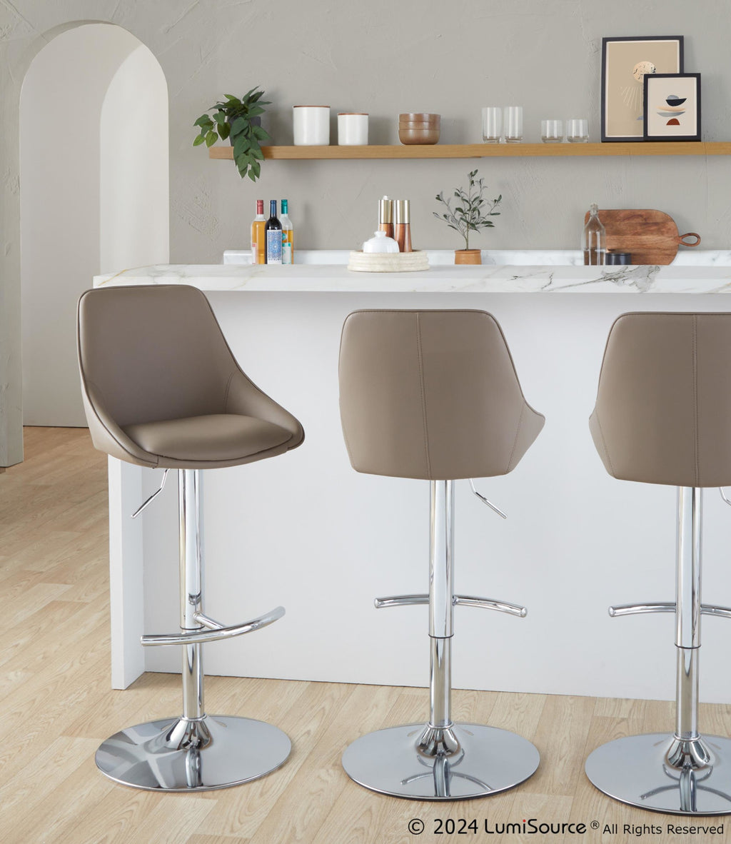 Diana Adjustable Barstool - Set of 2 - Chrome Metal, Brown PU