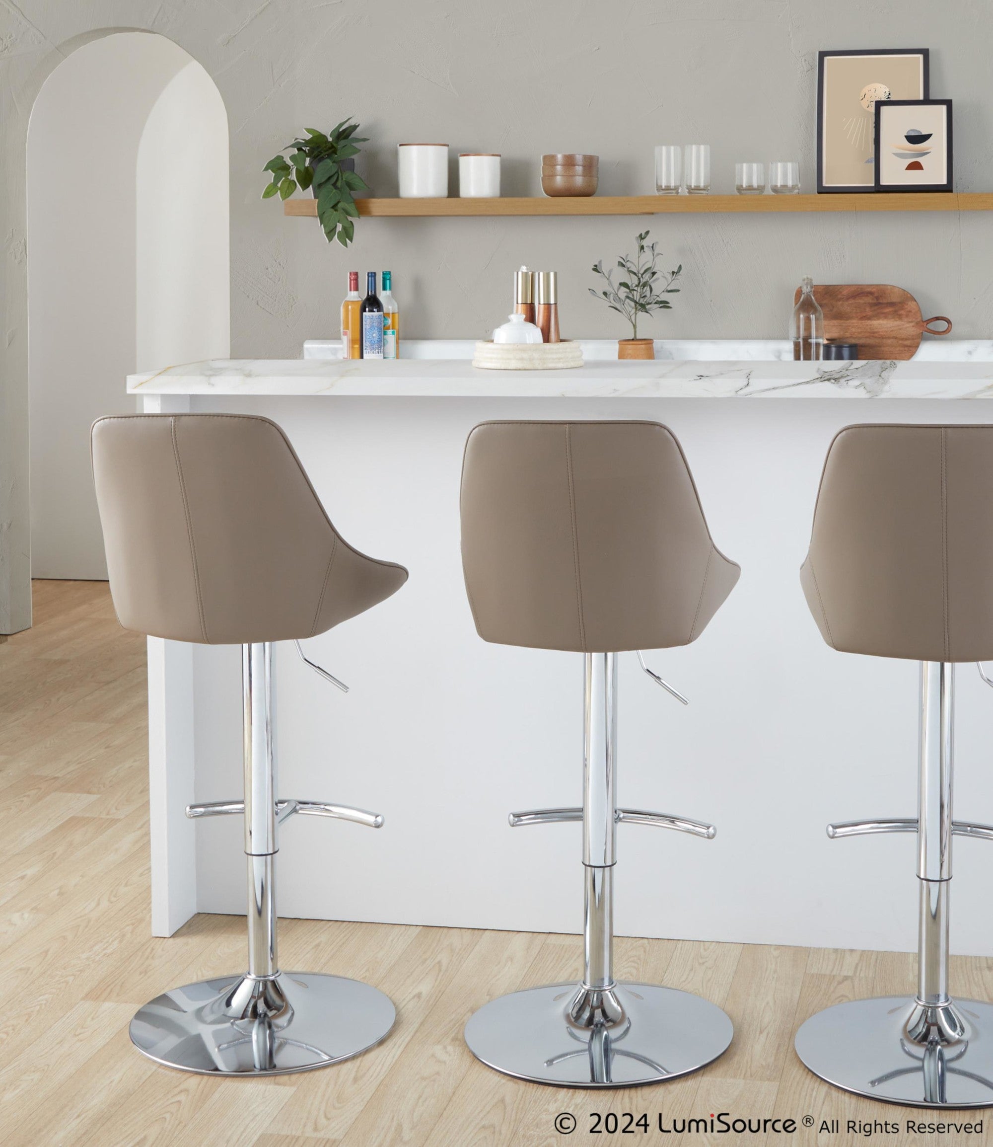 Diana Adjustable Barstool - Set of 2 - Chrome Metal, Brown PU
