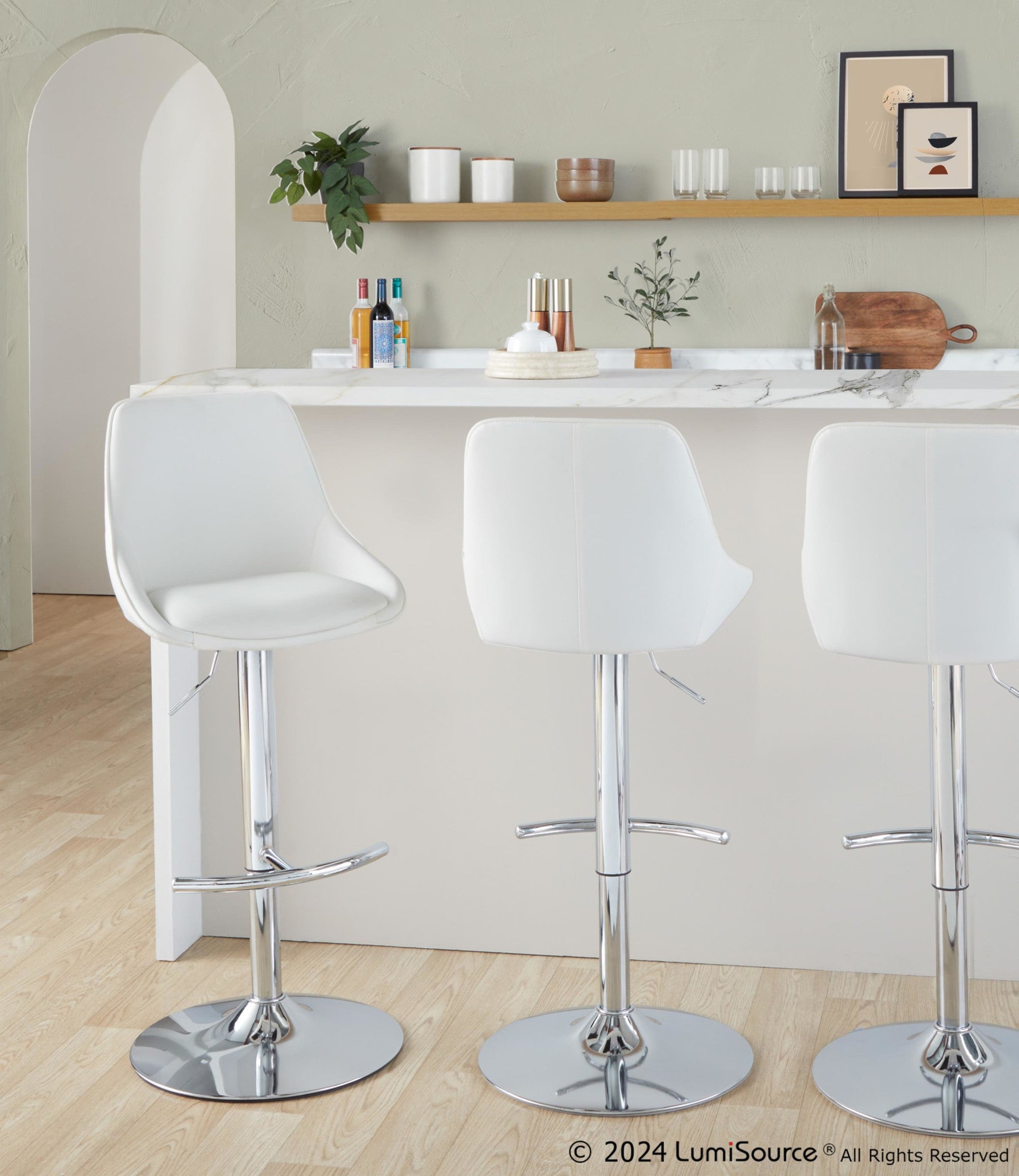 Diana Adjustable Barstool - Set of 2 - Chrome Metal, White PU